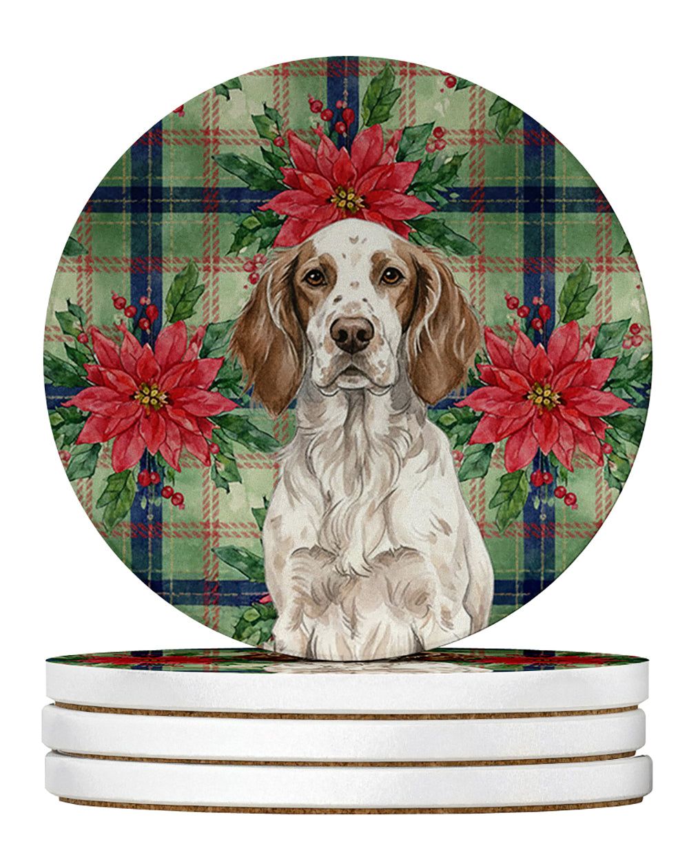 Liver Belton English Setter Christmas PoinsettIas Large Sandstone Coasters Pack of 4 Absorbent Round Coasters Decor Gifts for Men or Women, 4 in, Multicolor