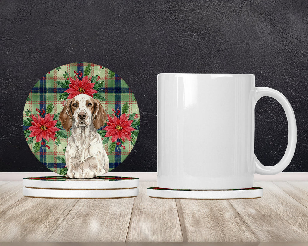 Liver Belton English Setter Christmas PoinsettIas Large Sandstone Coasters Pack of 4 Absorbent Round Coasters Decor Gifts for Men or Women, 4 in, Multicolor