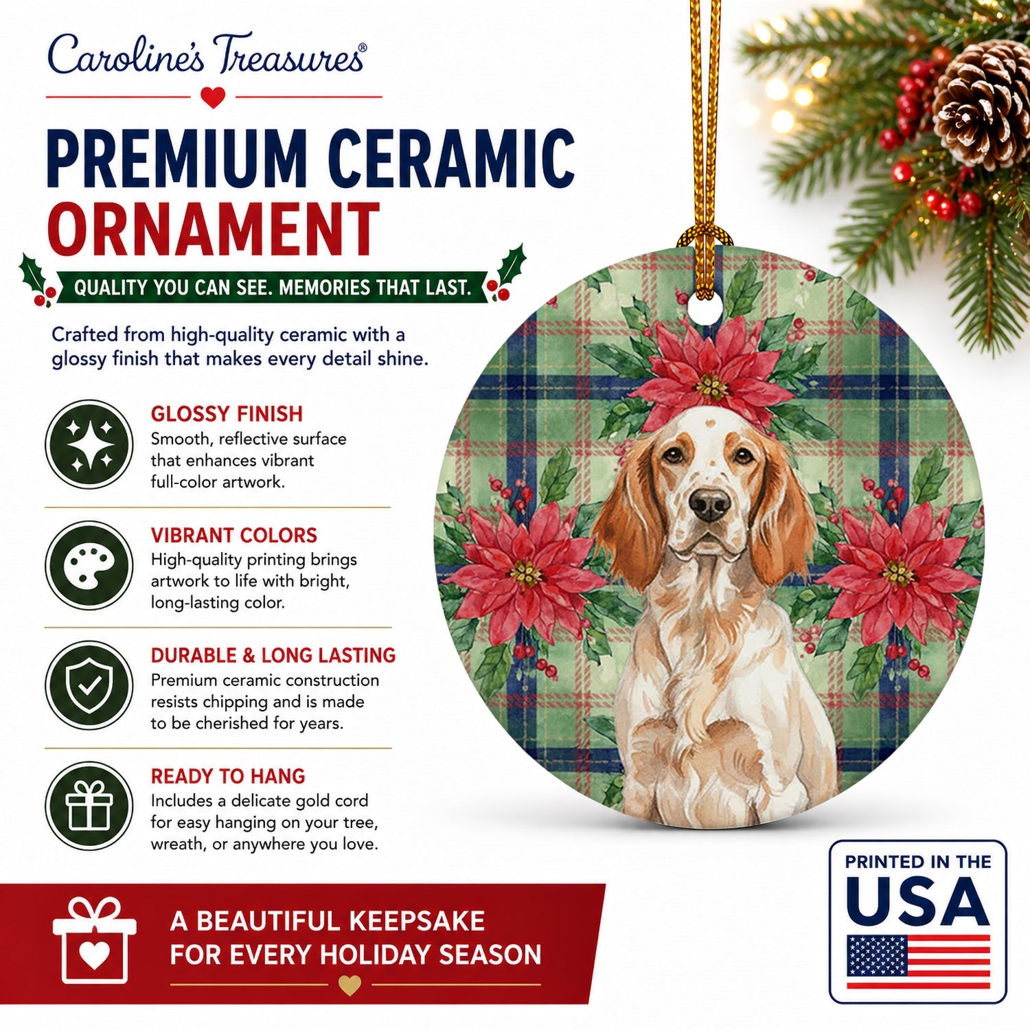 Orange Belton English Setter Christmas PoinsettIas Ceramic Ornament Christmas Tree Hanging Decorations for Home Christmas Holiday, Party, Gift, 3 in, Multicolor