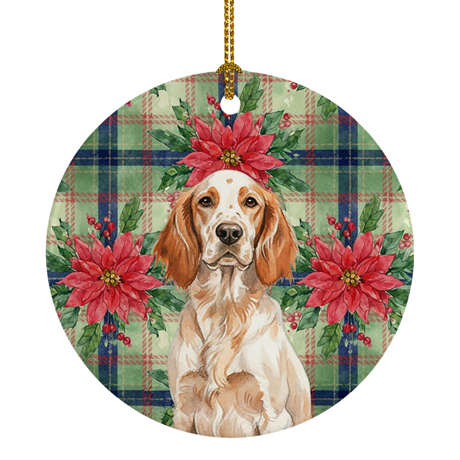 Orange Belton English Setter Christmas PoinsettIas Ceramic Ornament Christmas Tree Hanging Decorations for Home Christmas Holiday, Party, Gift, 3 in, Multicolor