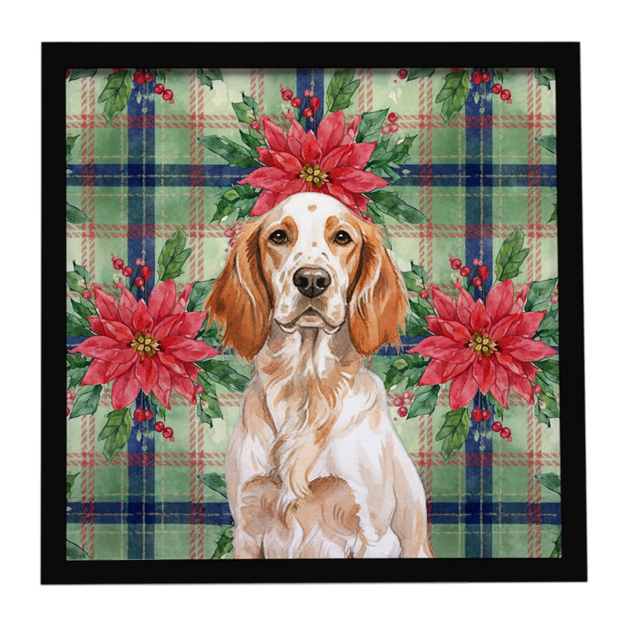 Orange Belton English Setter Christmas PoinsettIas Framed Metal Print Bathroom, Kitchen, Office, Home Decor Wall Art Ready to Hang, Square, 8X8