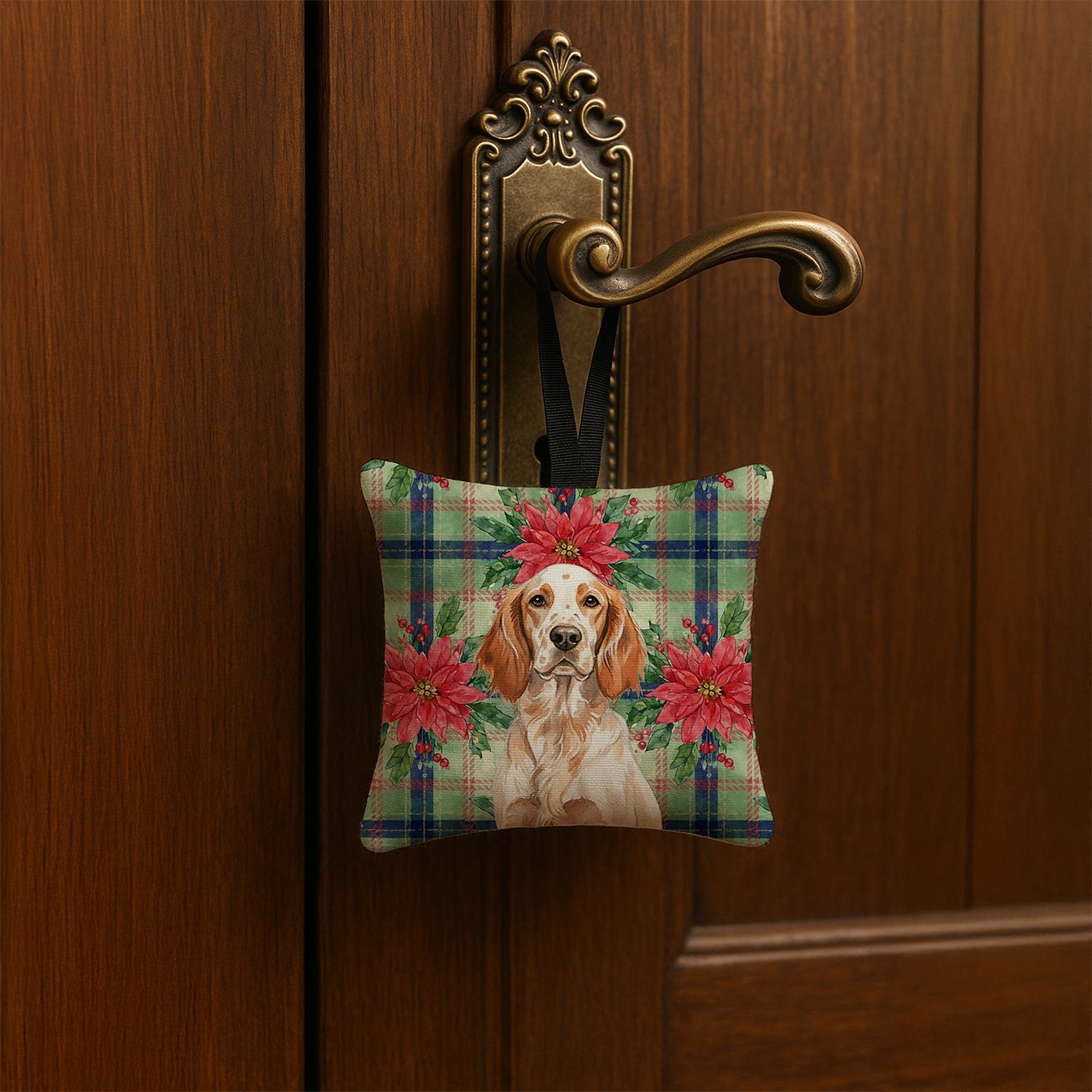 Orange Belton English Setter Christmas PoinsettIas Hanging Square Fabric Ornament 3.5 � 3.5 Decorative Door-Knob & Tree Hanger, Soft Fabric