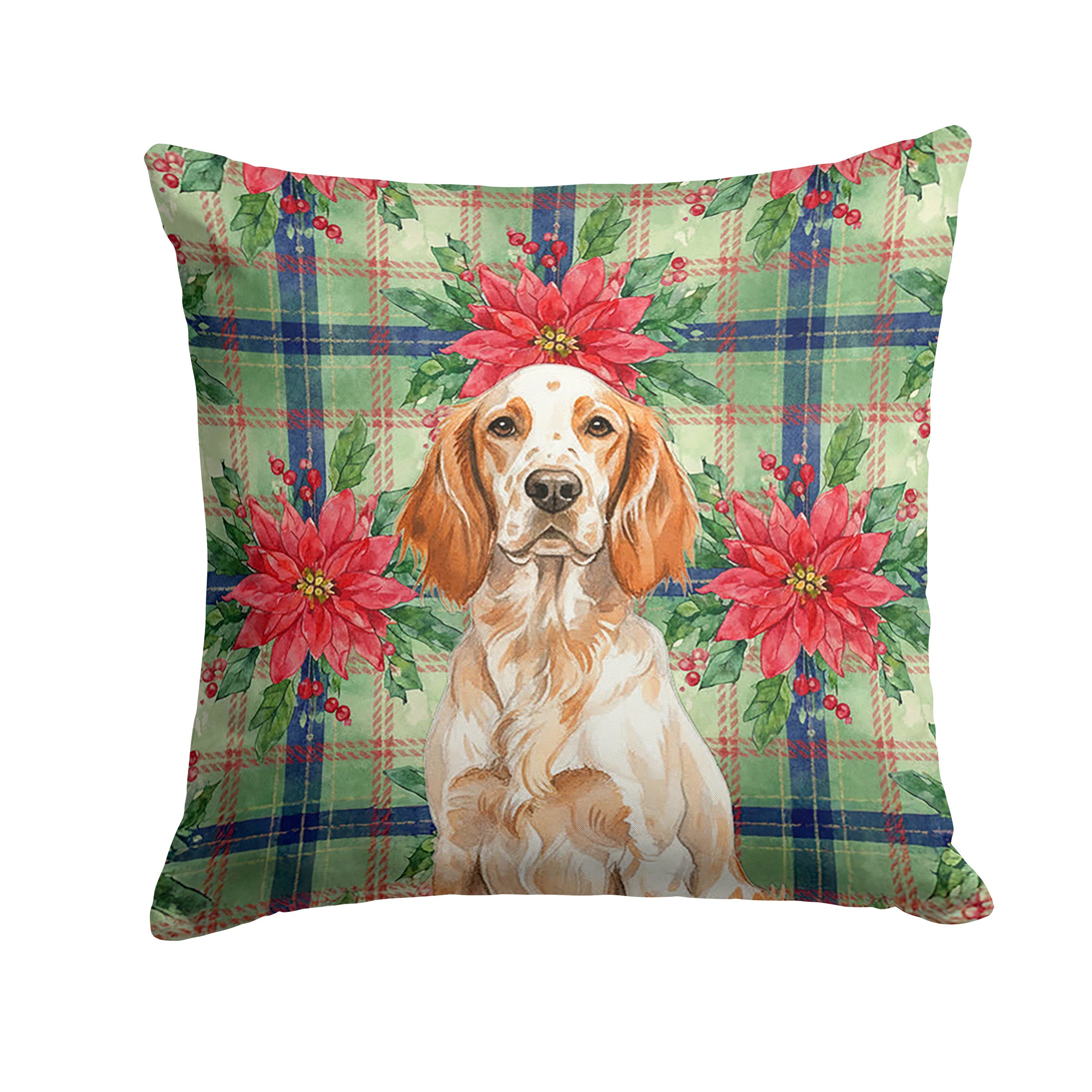 Orange Belton English Setter Christmas PoinsettIas Decorative Throw Pillow 18x18 Indoor Outdoor Accent Cushion, Fabric Cover with Insert for Sofa, Bed, Porch & Living Room