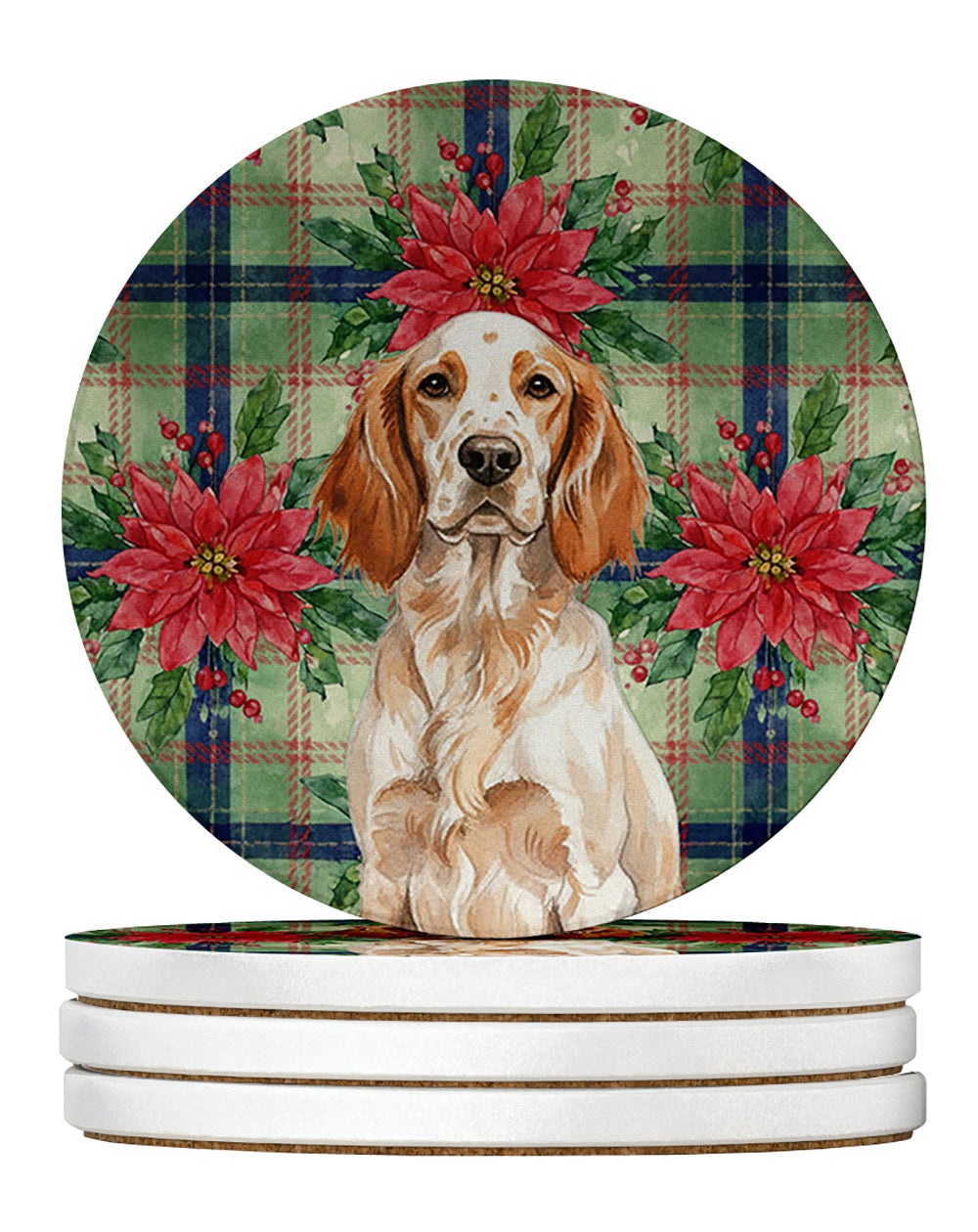 Orange Belton English Setter Christmas PoinsettIas Large Sandstone Coasters Pack of 4 Absorbent Round Coasters Decor Gifts for Men or Women, 4 in, Multicolor