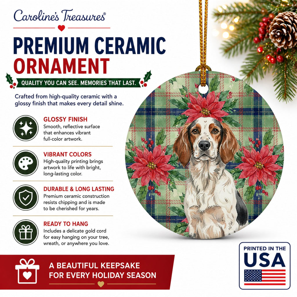 Tricolor English Setter Christmas PoinsettIas Ceramic Ornament Christmas Tree Hanging Decorations for Home Christmas Holiday, Party, Gift, 3 in, Multicolor