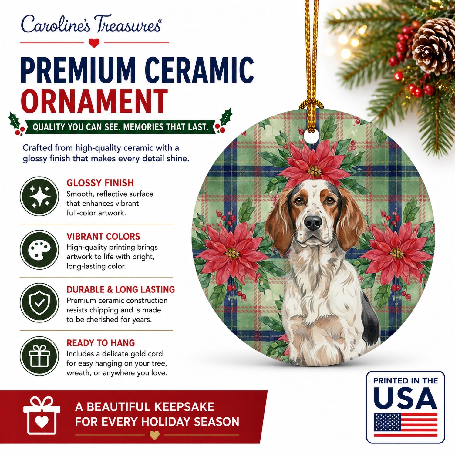 Tricolor English Setter Christmas PoinsettIas Ceramic Ornament Christmas Tree Hanging Decorations for Home Christmas Holiday, Party, Gift, 3 in, Multicolor