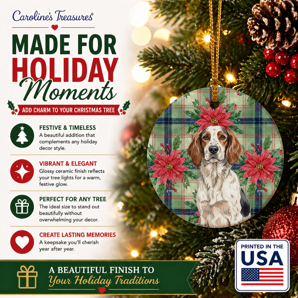 Tricolor English Setter Christmas PoinsettIas Ceramic Ornament Christmas Tree Hanging Decorations for Home Christmas Holiday, Party, Gift, 3 in, Multicolor