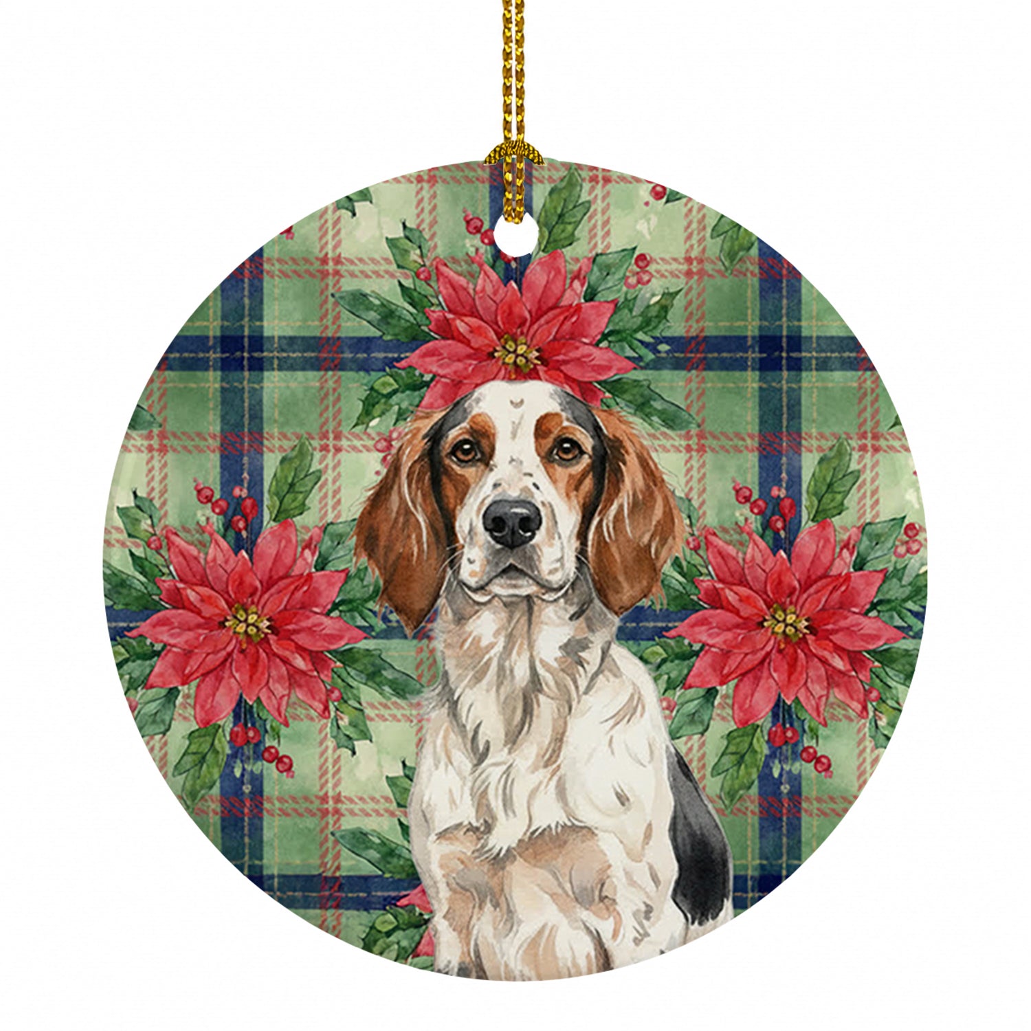 Tricolor English Setter Christmas PoinsettIas Ceramic Ornament Christmas Tree Hanging Decorations for Home Christmas Holiday, Party, Gift, 3 in, Multicolor