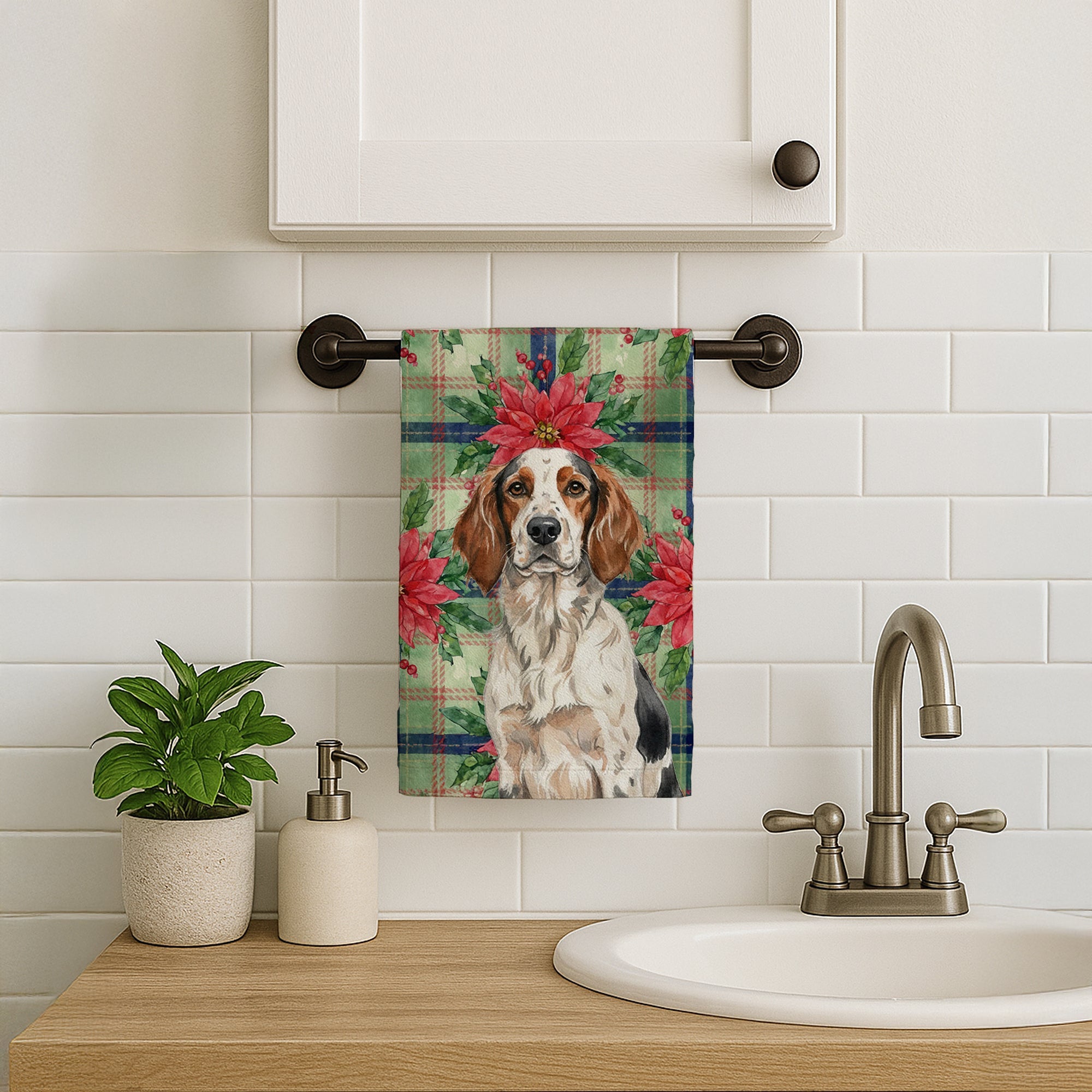 Tricolor English Setter Christmas PoinsettIas Kitchen Towel Velour Plush Front and Cotton Loop Back Machine Washable
