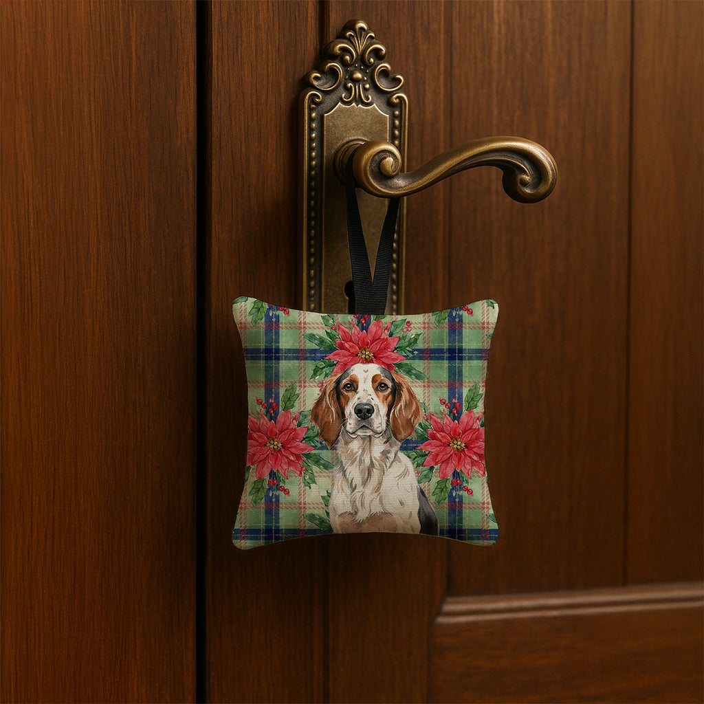 Tricolor English Setter Christmas PoinsettIas Hanging Square Fabric Ornament 3.5 � 3.5 Decorative Door-Knob & Tree Hanger, Soft Fabric