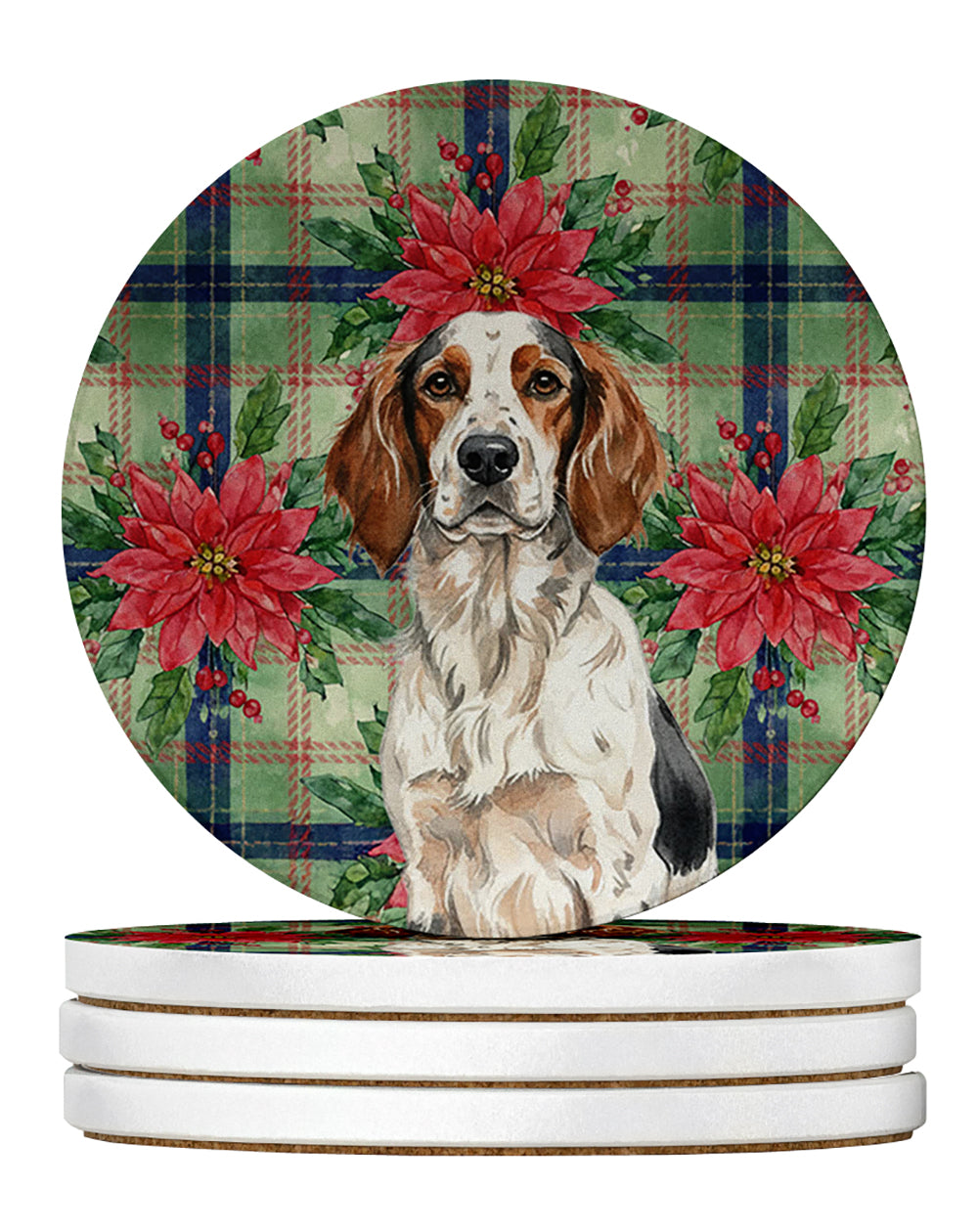 Tricolor English Setter Christmas PoinsettIas Large Sandstone Coasters Pack of 4 Absorbent Round Coasters Decor Gifts for Men or Women, 4 in, Multicolor