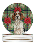 Tricolor English Setter Christmas PoinsettIas Large Sandstone Coasters Pack of 4 Absorbent Round Coasters Decor Gifts for Men or Women, 4 in, Multicolor