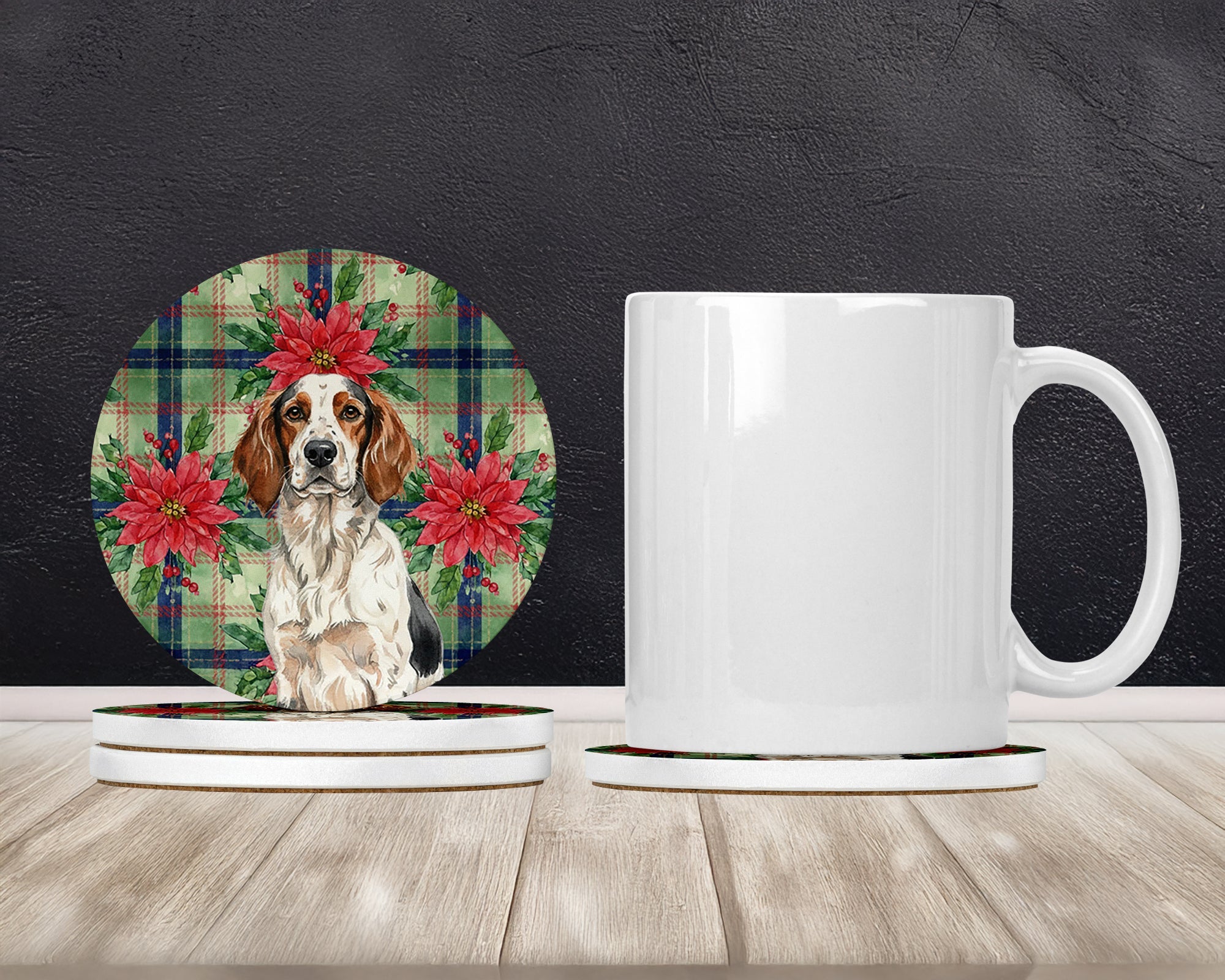 Tricolor English Setter Christmas PoinsettIas Large Sandstone Coasters Pack of 4 Absorbent Round Coasters Decor Gifts for Men or Women, 4 in, Multicolor