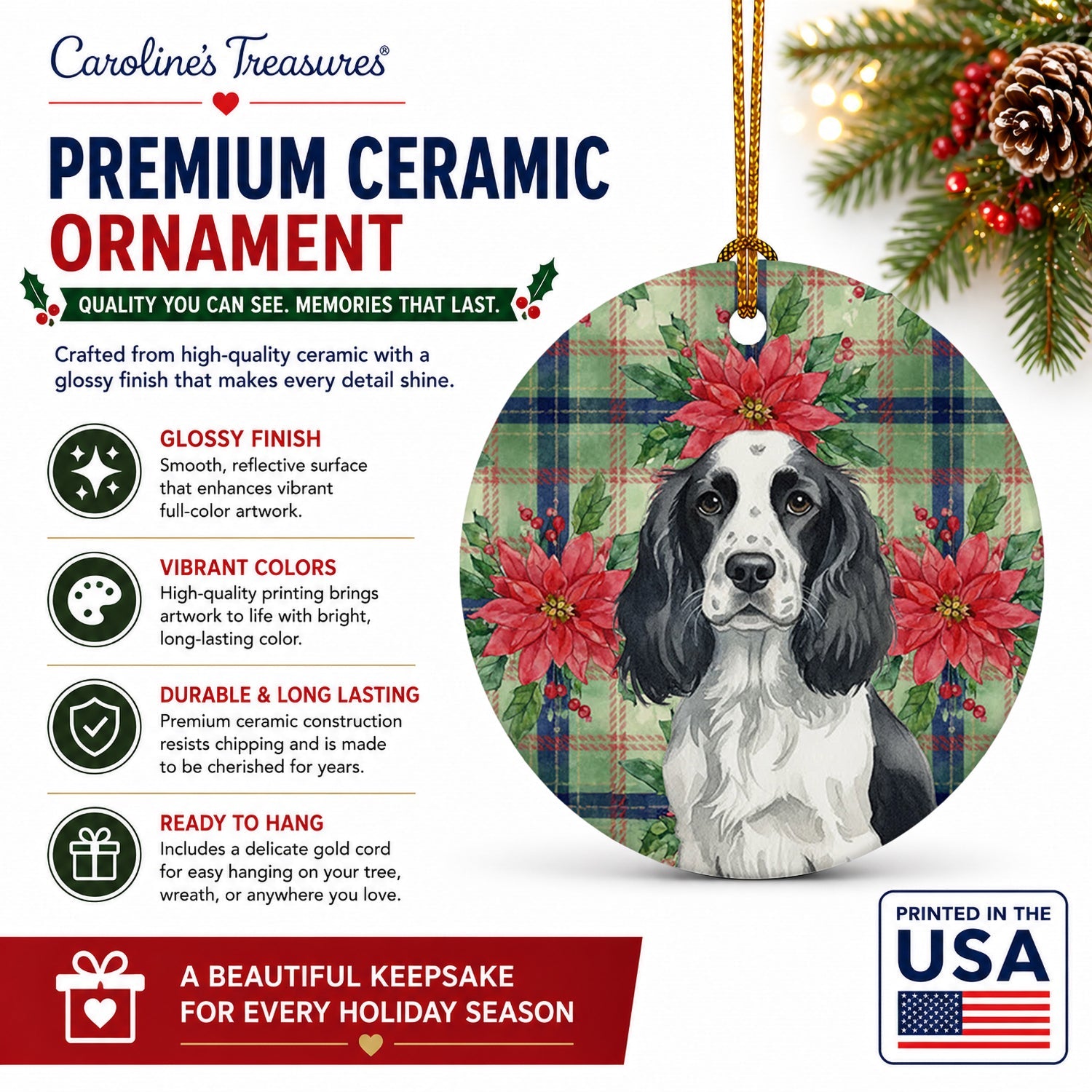 Black and White English Springer Spaniel Christmas PoinsettIas Ceramic Ornament Christmas Tree Hanging Decorations for Home Christmas Holiday, Party, Gift, 3 in, Multicolor