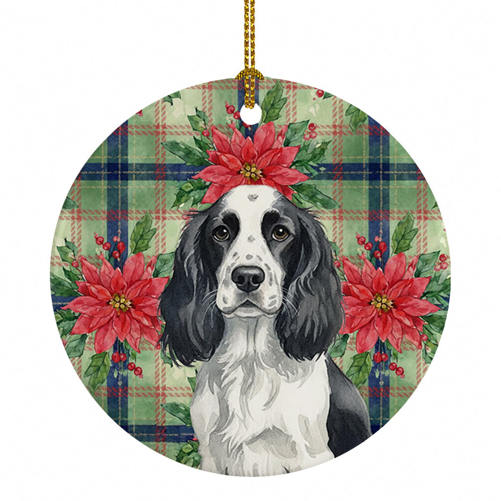 Black and White English Springer Spaniel Christmas PoinsettIas Ceramic Ornament Christmas Tree Hanging Decorations for Home Christmas Holiday, Party, Gift, 3 in, Multicolor
