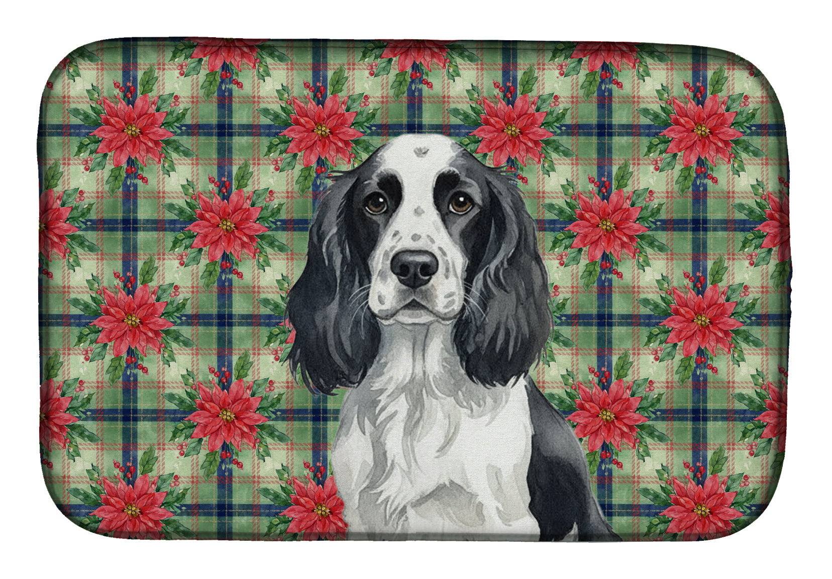 Black and White English Springer Spaniel Christmas PoinsettIas Dish Drying Mat Absorbent Dish Drying Mat Pad for Kitchen Counter Dish Drainer Mat for Countertop, 14 x 21", Multicolor
