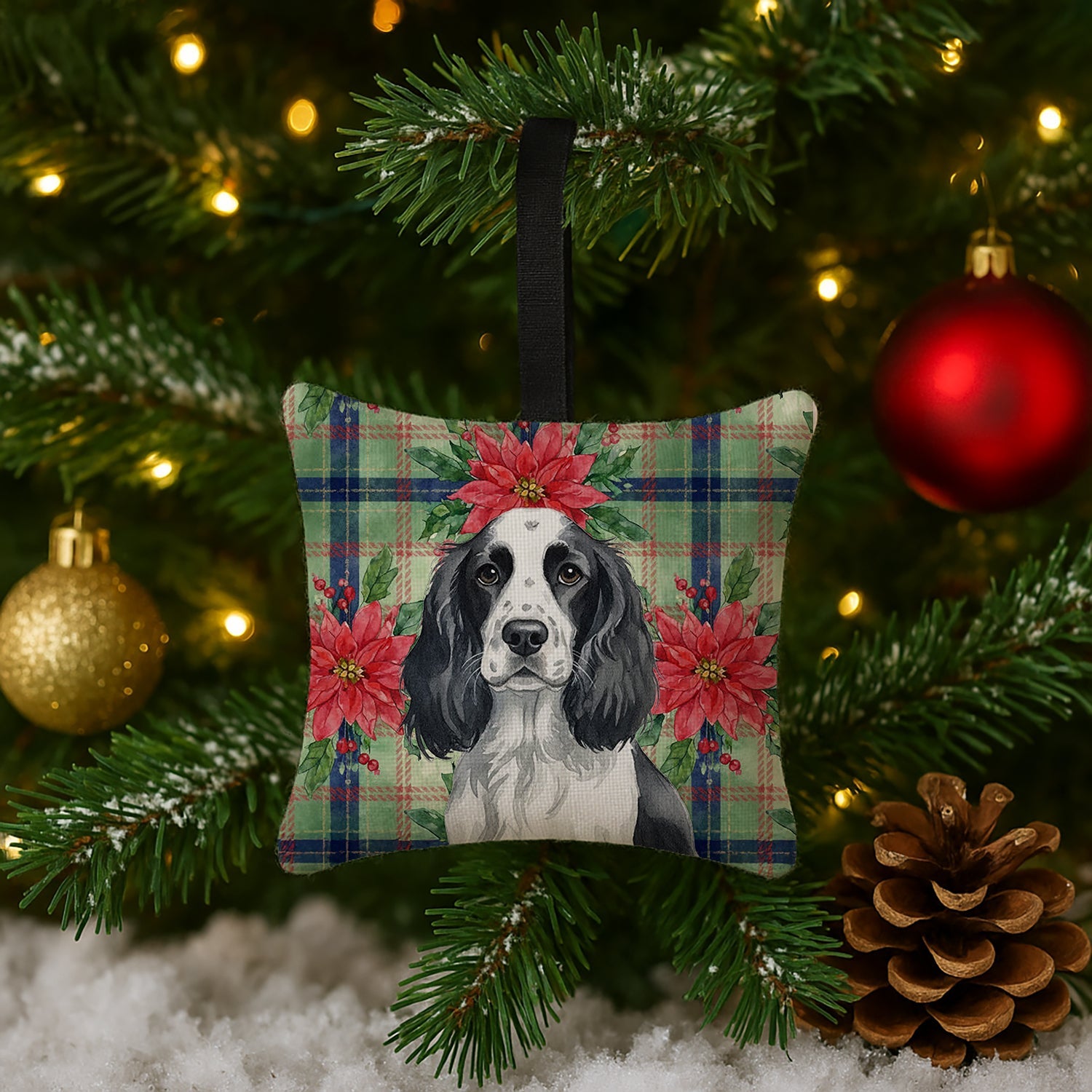 Black and White English Springer Spaniel Christmas PoinsettIas Hanging Square Fabric Ornament 3.5 � 3.5 Decorative Door-Knob & Tree Hanger, Soft Fabric