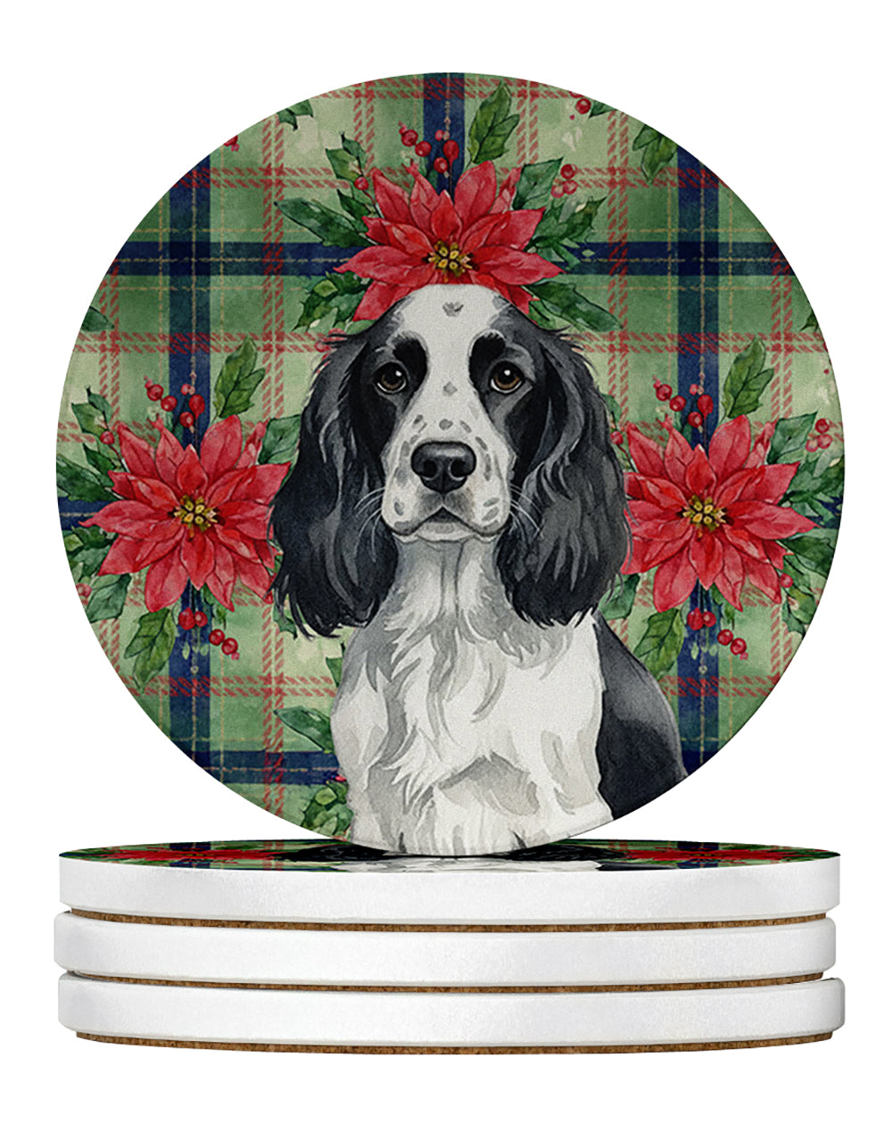 Black and White English Springer Spaniel Christmas PoinsettIas Large Sandstone Coasters Pack of 4 Absorbent Round Coasters Decor Gifts for Men or Women, 4 in, Multicolor