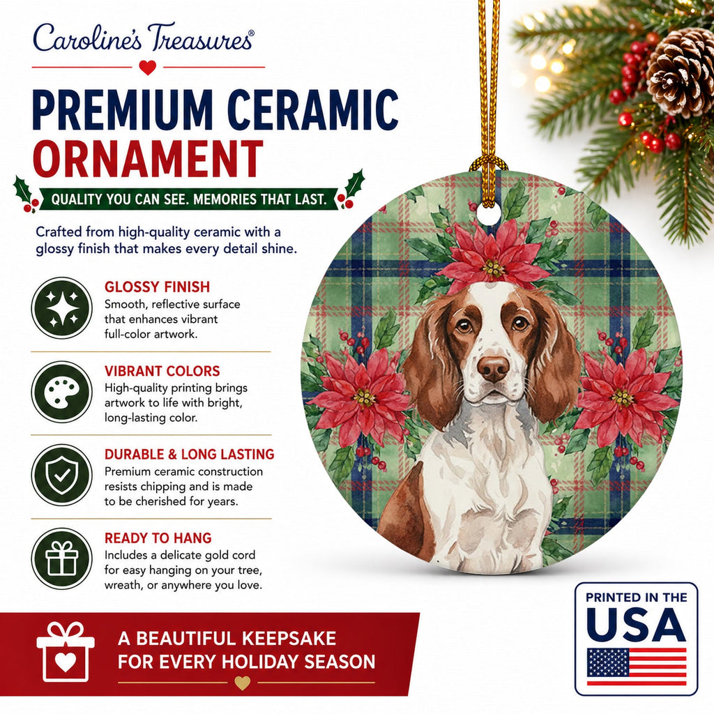 Liver and White English Springer Spaniel Christmas PoinsettIas Ceramic Ornament Christmas Tree Hanging Decorations for Home Christmas Holiday, Party, Gift, 3 in, Multicolor