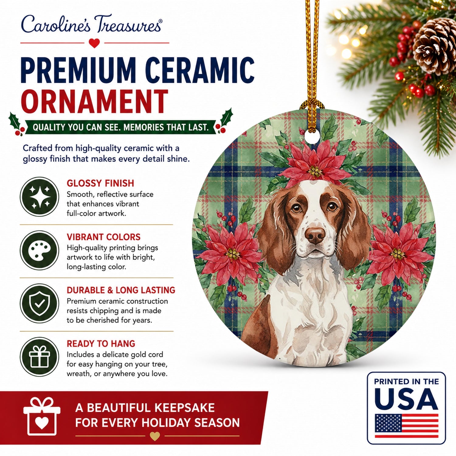Liver and White English Springer Spaniel Christmas PoinsettIas Ceramic Ornament Christmas Tree Hanging Decorations for Home Christmas Holiday, Party, Gift, 3 in, Multicolor