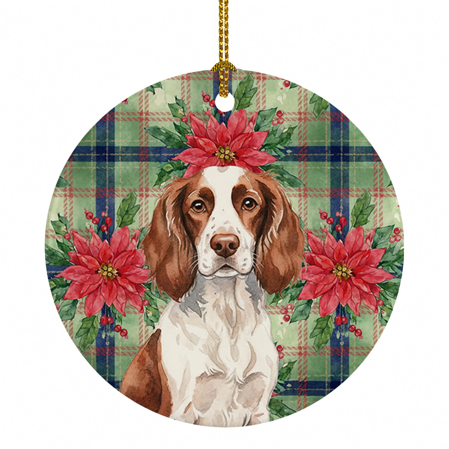 Liver and White English Springer Spaniel Christmas PoinsettIas Ceramic Ornament Christmas Tree Hanging Decorations for Home Christmas Holiday, Party, Gift, 3 in, Multicolor