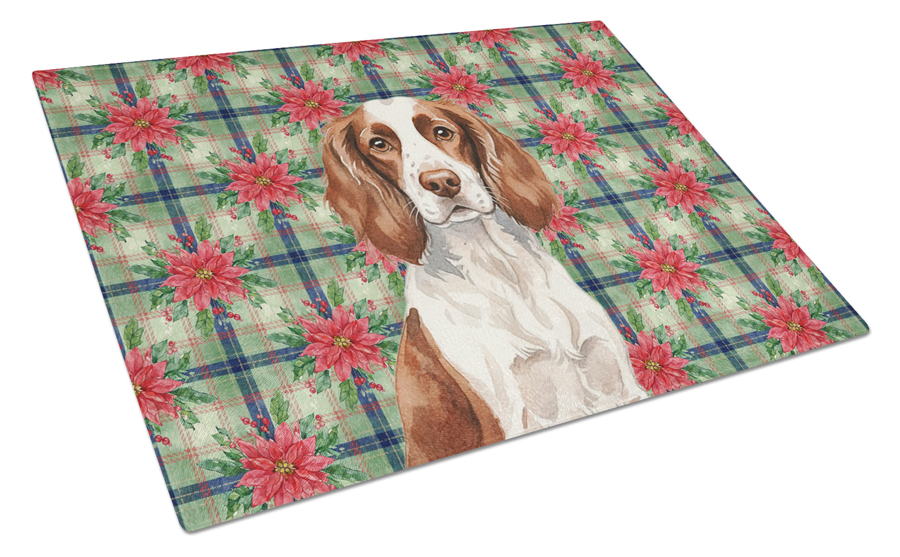 Liver and White English Springer Spaniel Christmas PoinsettIas Cutting Board Tempered Glass Kitchen Cutting Surface, Heat Resistant Chopping, Non-Slip Feet, Food Prep & Serving