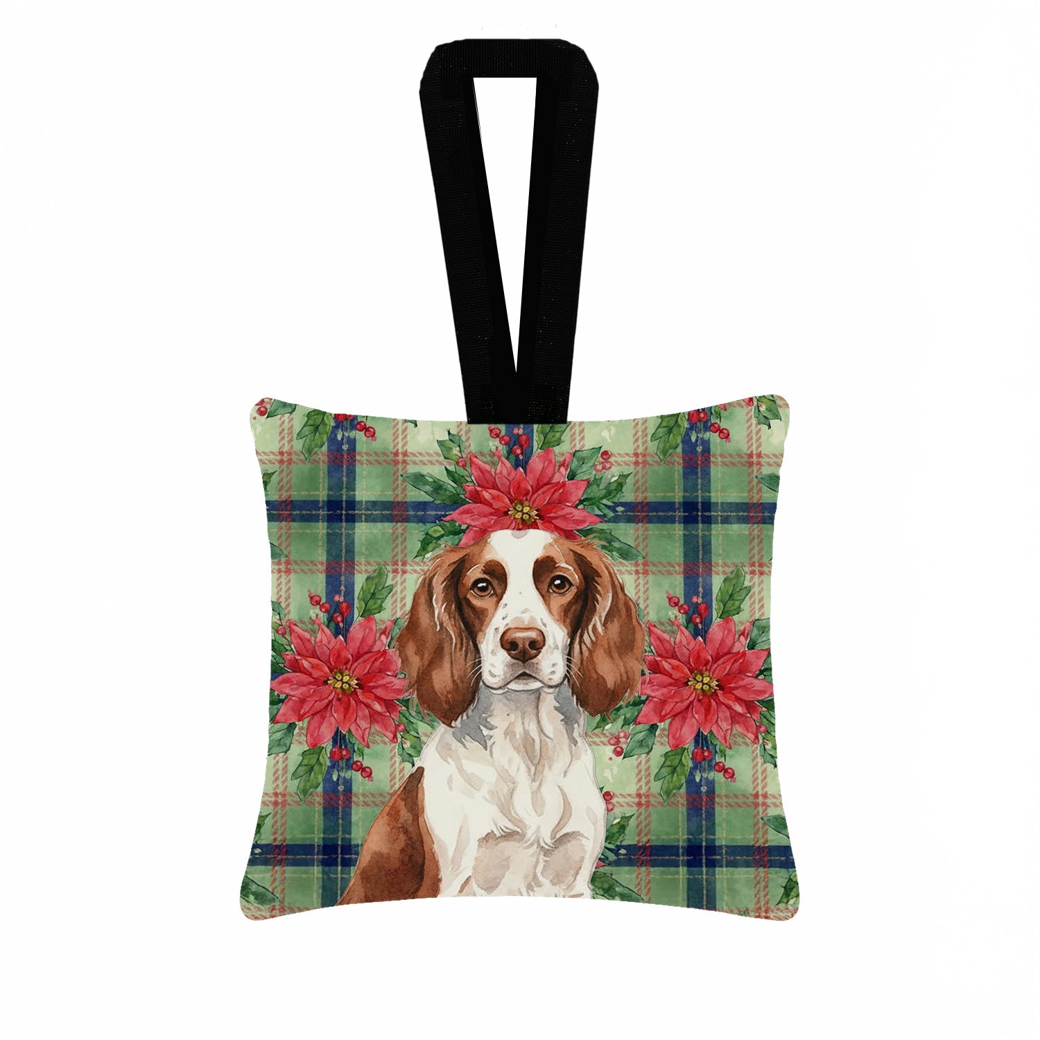 Liver and White English Springer Spaniel Christmas PoinsettIas Hanging Square Fabric Ornament 3.5 � 3.5 Decorative Door-Knob & Tree Hanger, Soft Fabric