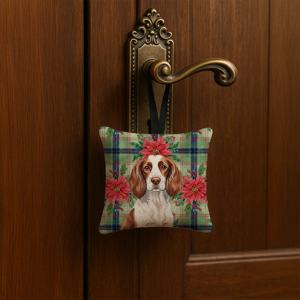 Liver and White English Springer Spaniel Christmas PoinsettIas Hanging Square Fabric Ornament 3.5 � 3.5 Decorative Door-Knob & Tree Hanger, Soft Fabric