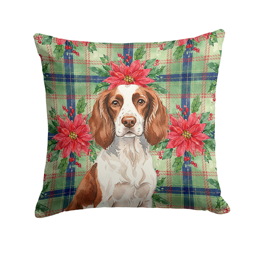Liver and White English Springer Spaniel Christmas PoinsettIas Decorative Throw Pillow 14x14 Indoor Outdoor Accent Cushion, Fabric Cover with Insert for Sofa, Bed, Porch & Living Room