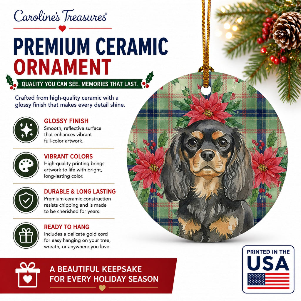 Black and Tan English Toy Spaniel Christmas PoinsettIas Ceramic Ornament Christmas Tree Hanging Decorations for Home Christmas Holiday, Party, Gift, 3 in, Multicolor