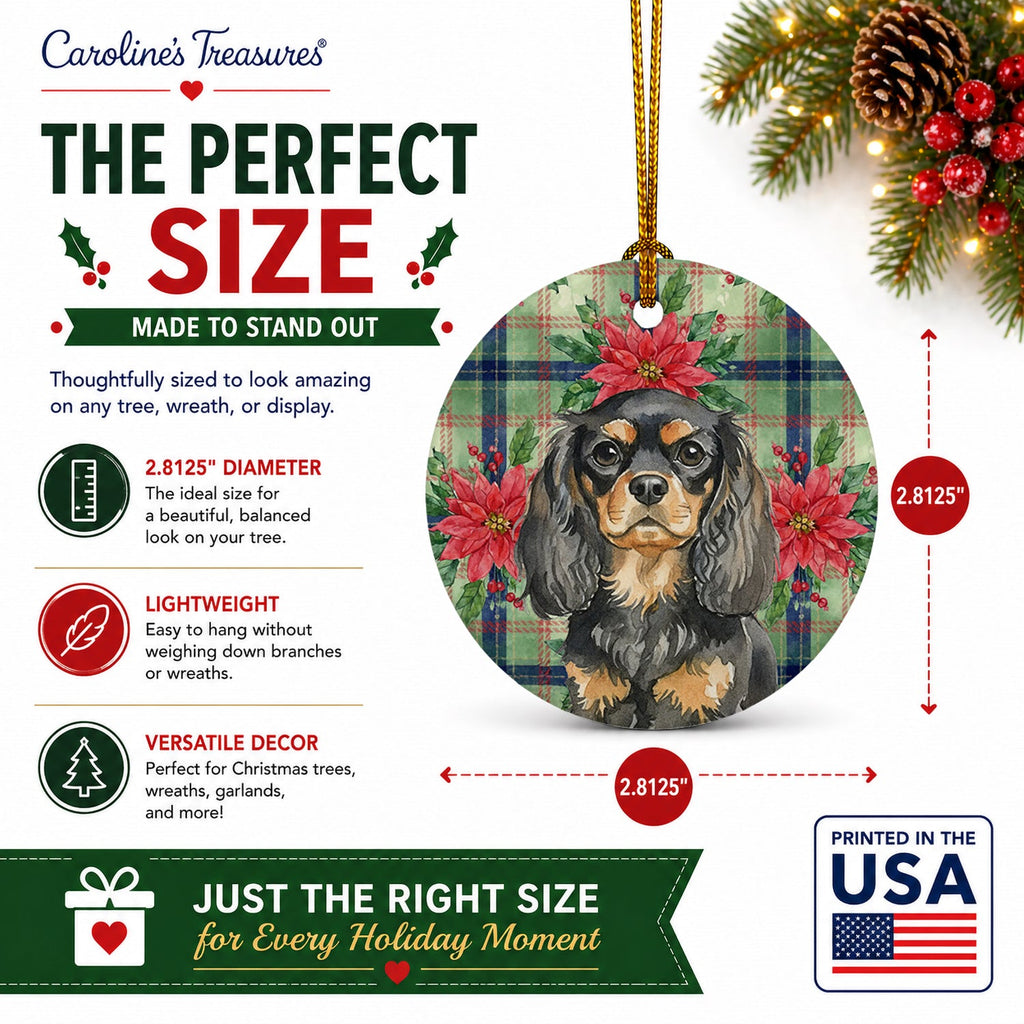 Black and Tan English Toy Spaniel Christmas PoinsettIas Ceramic Ornament Christmas Tree Hanging Decorations for Home Christmas Holiday, Party, Gift, 3 in, Multicolor