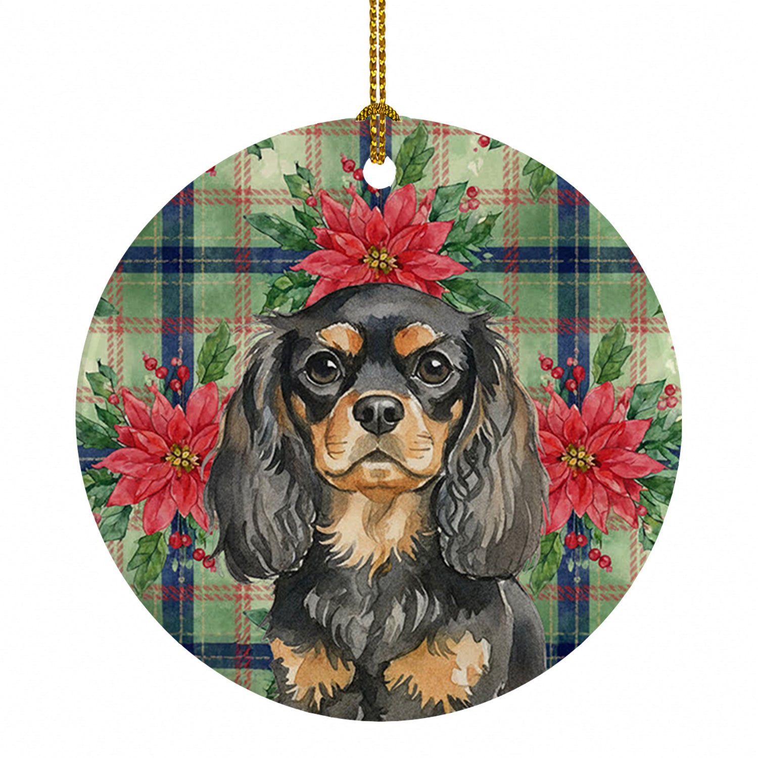 Black and Tan English Toy Spaniel Christmas PoinsettIas Ceramic Ornament Christmas Tree Hanging Decorations for Home Christmas Holiday, Party, Gift, 3 in, Multicolor