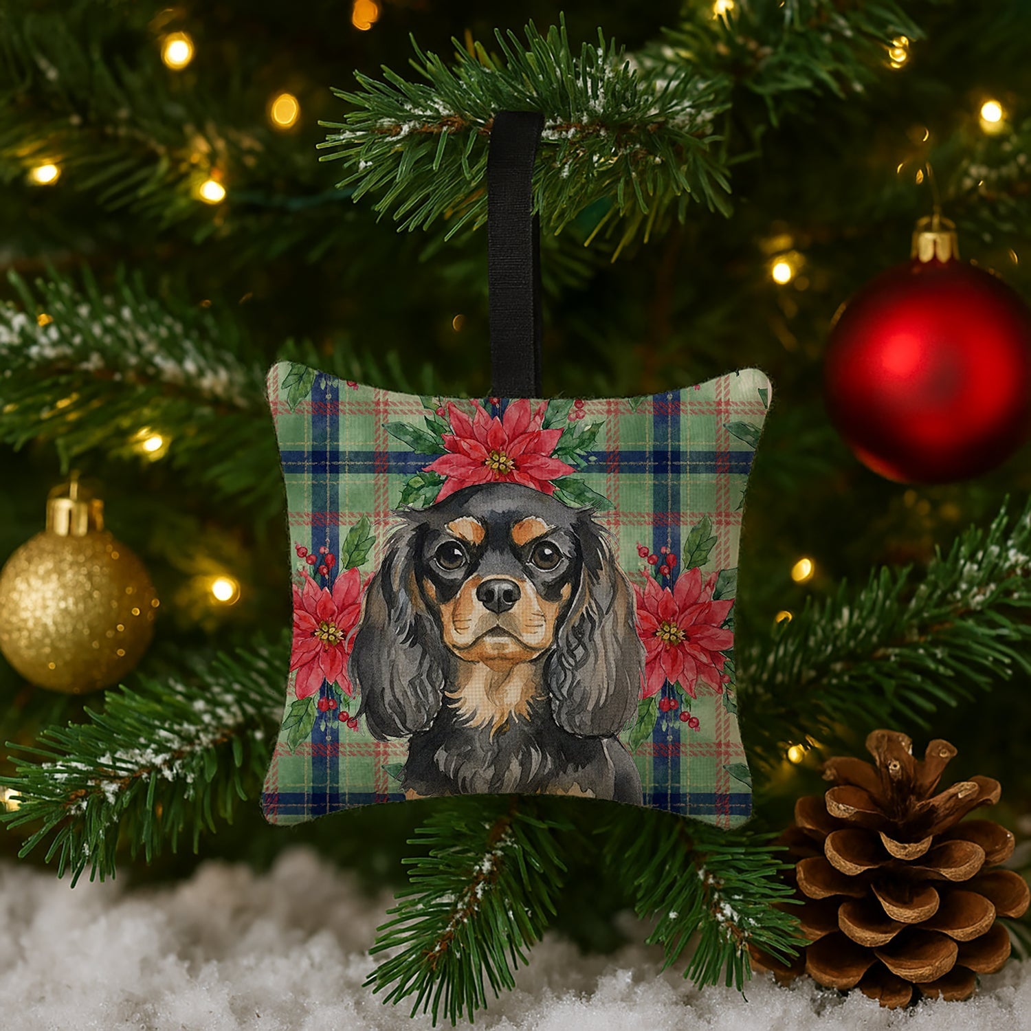 Black and Tan English Toy Spaniel Christmas PoinsettIas Hanging Square Fabric Ornament 3.5 � 3.5 Decorative Door-Knob & Tree Hanger, Soft Fabric