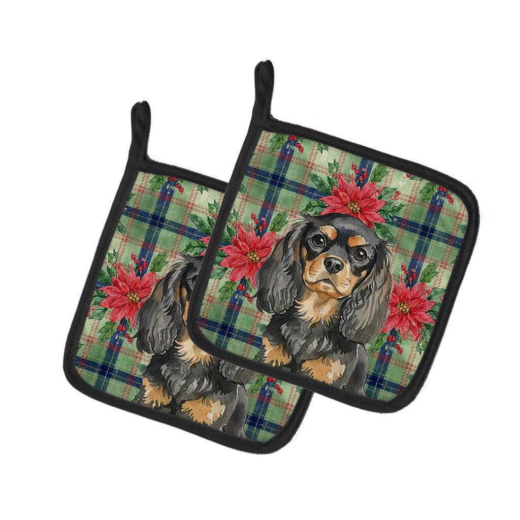 Black and Tan English Toy Spaniel Christmas PoinsettIas Pot Holder Set of 2 Heat Resistant Quilted Hot Pads 7.5 x 7.5 Inch, Insulated Kitchen Trivets for Cooking & Baking