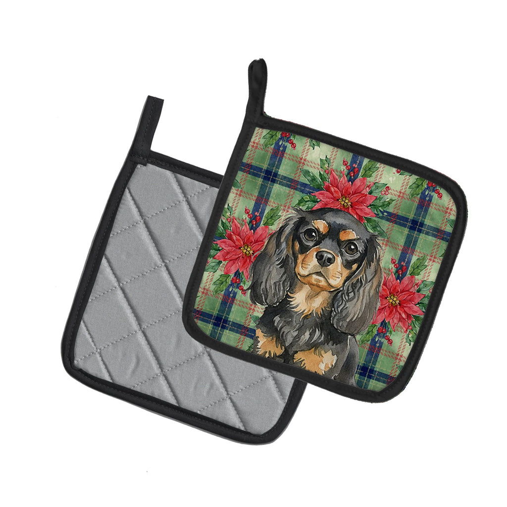 Black and Tan English Toy Spaniel Christmas PoinsettIas Pot Holder Set of 2 Heat Resistant Quilted Hot Pads 7.5 x 7.5 Inch, Insulated Kitchen Trivets for Cooking & Baking