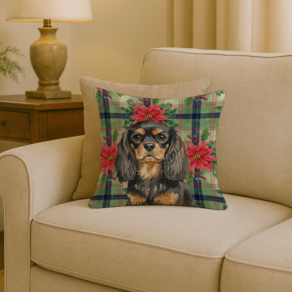 Black and Tan English Toy Spaniel Christmas PoinsettIas Decorative Throw Pillow 18x18 Indoor Outdoor Accent Cushion, Fabric Cover with Insert for Sofa, Bed, Porch & Living Room