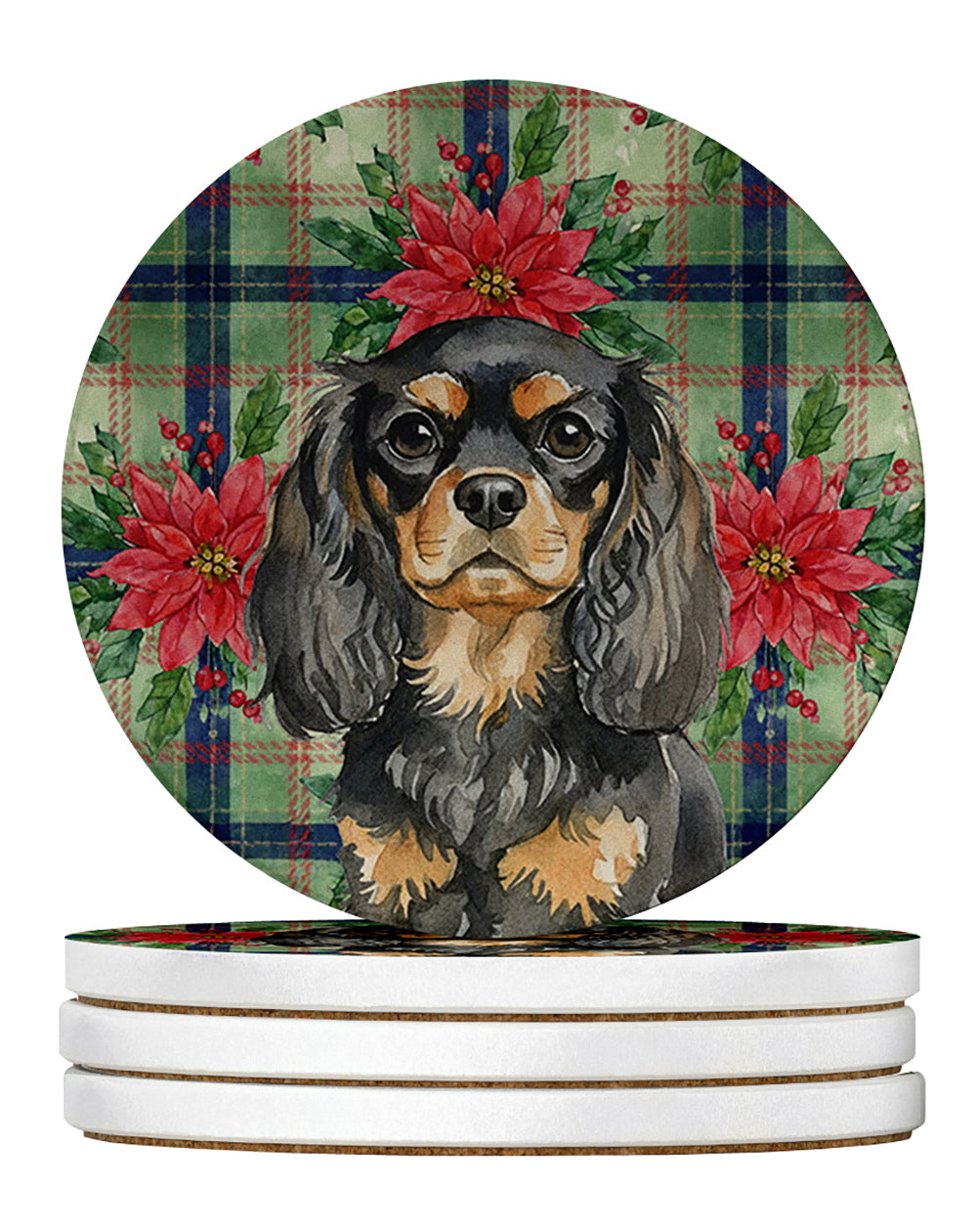 Black and Tan English Toy Spaniel Christmas PoinsettIas Large Sandstone Coasters Pack of 4 Absorbent Round Coasters Decor Gifts for Men or Women, 4 in, Multicolor