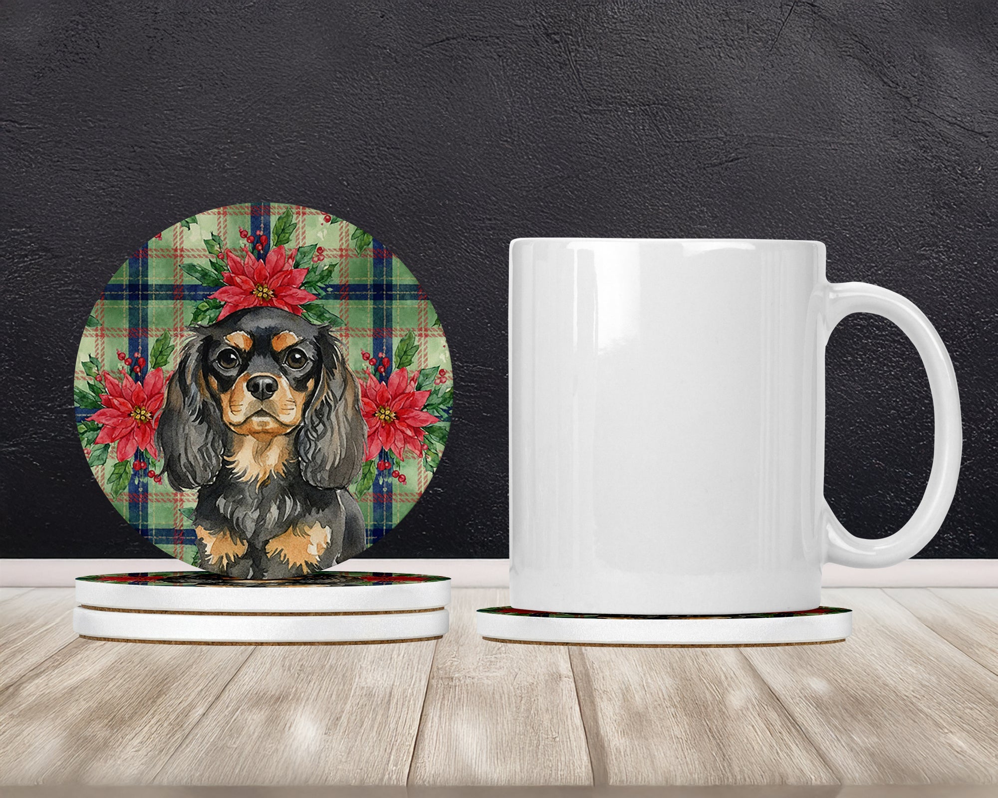 Black and Tan English Toy Spaniel Christmas PoinsettIas Large Sandstone Coasters Pack of 4 Absorbent Round Coasters Decor Gifts for Men or Women, 4 in, Multicolor