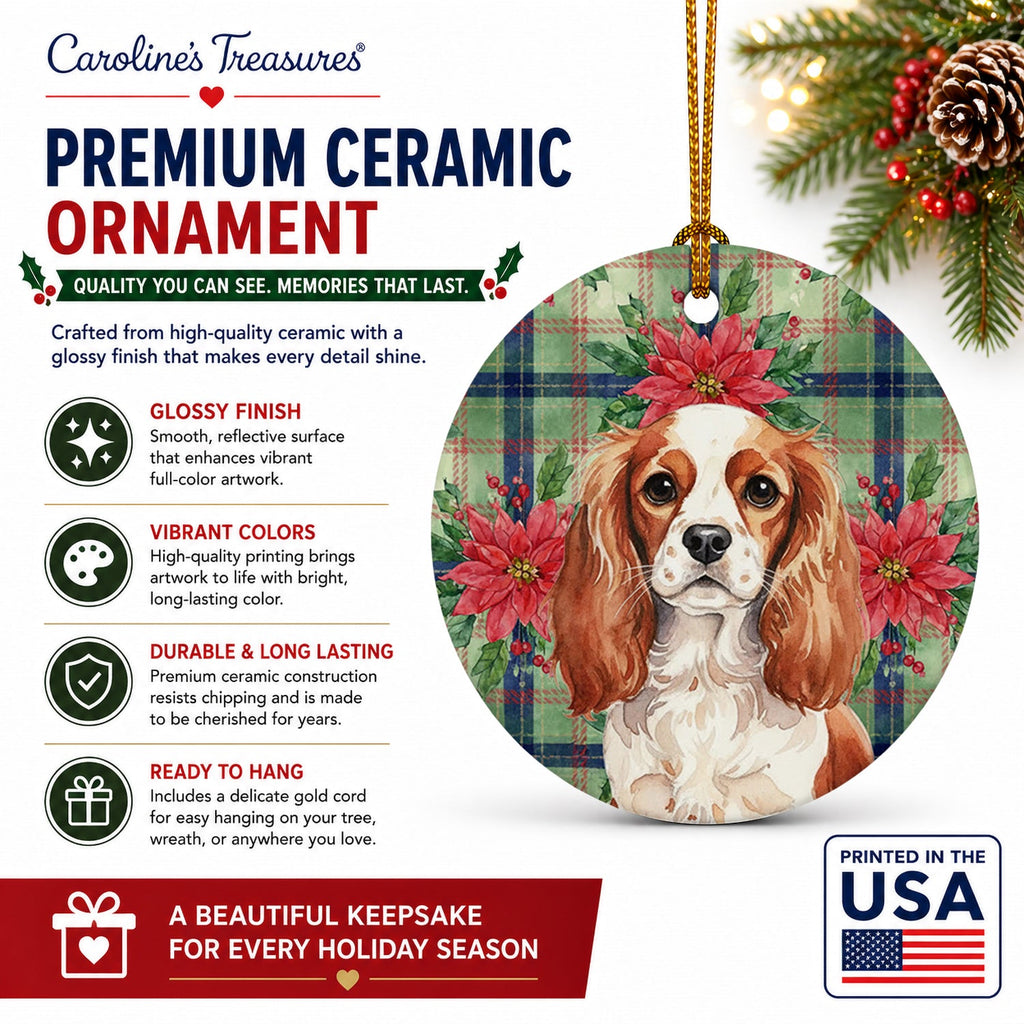 Blenheim English Toy Spaniel Christmas PoinsettIas Ceramic Ornament Christmas Tree Hanging Decorations for Home Christmas Holiday, Party, Gift, 3 in, Multicolor