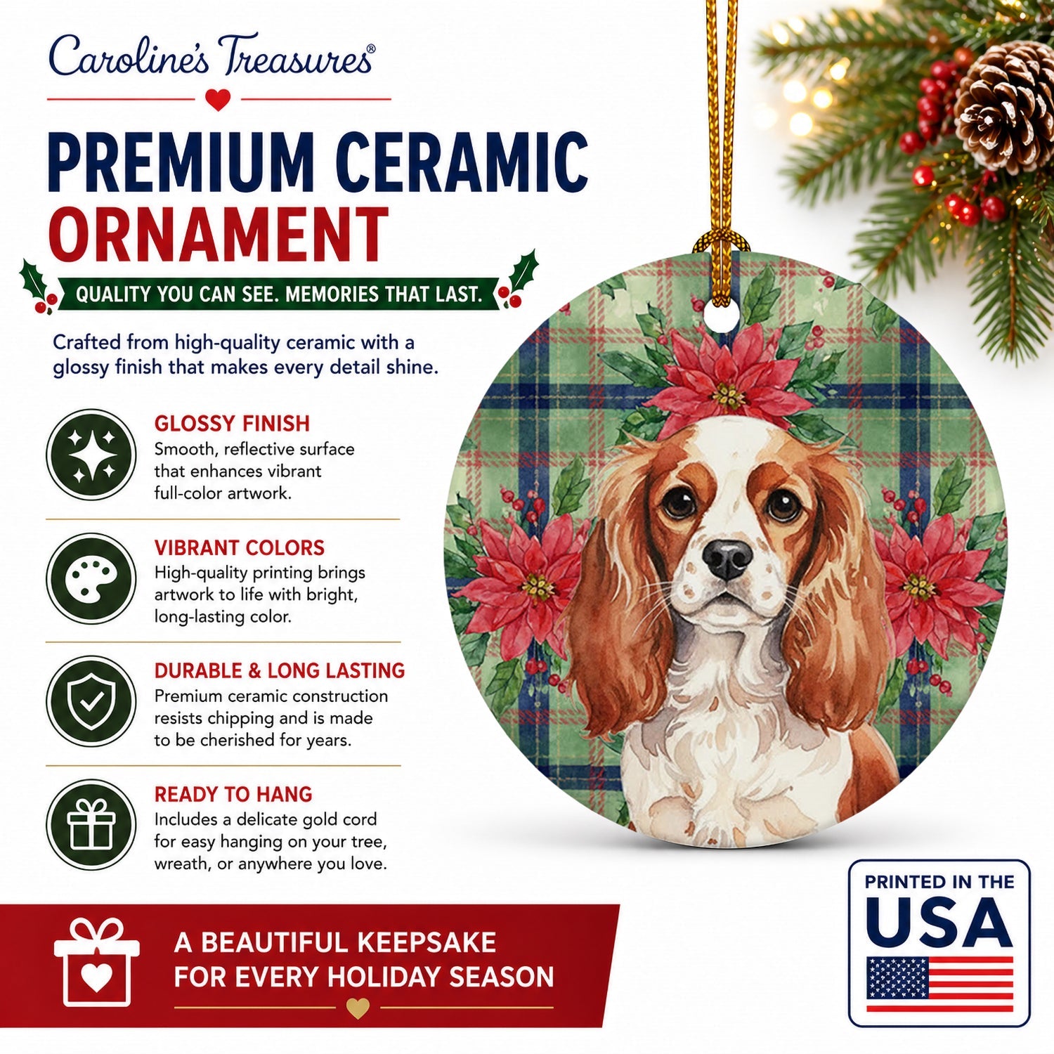 Blenheim English Toy Spaniel Christmas PoinsettIas Ceramic Ornament Christmas Tree Hanging Decorations for Home Christmas Holiday, Party, Gift, 3 in, Multicolor