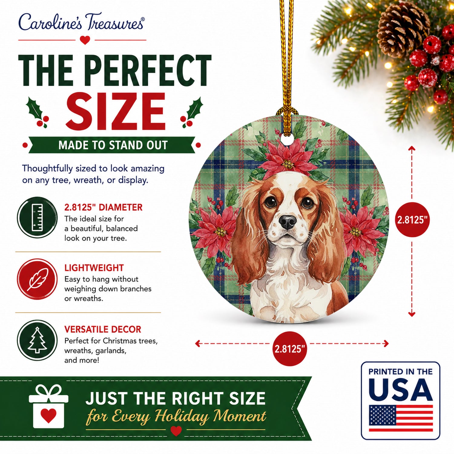 Blenheim English Toy Spaniel Christmas PoinsettIas Ceramic Ornament Christmas Tree Hanging Decorations for Home Christmas Holiday, Party, Gift, 3 in, Multicolor