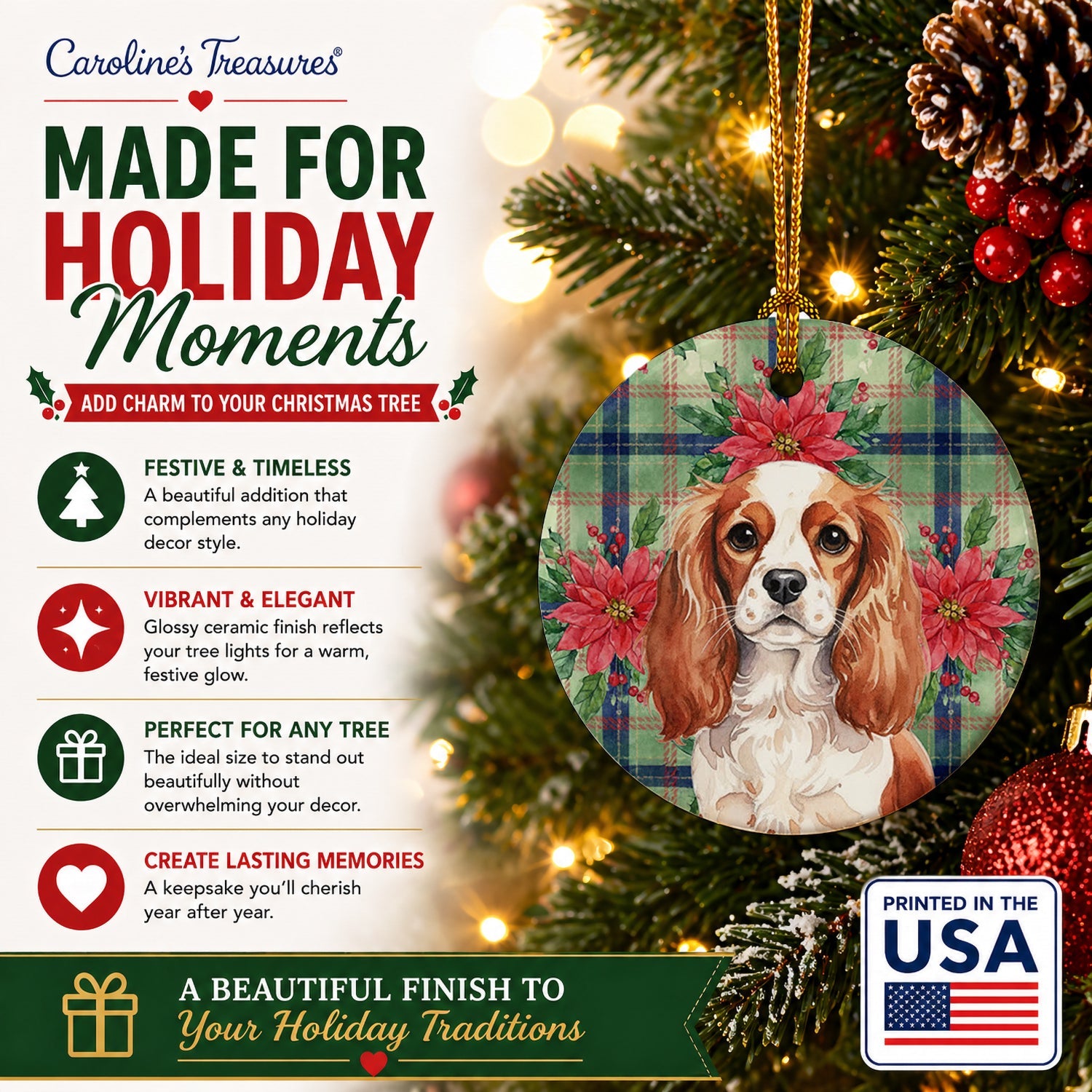 Blenheim English Toy Spaniel Christmas PoinsettIas Ceramic Ornament Christmas Tree Hanging Decorations for Home Christmas Holiday, Party, Gift, 3 in, Multicolor