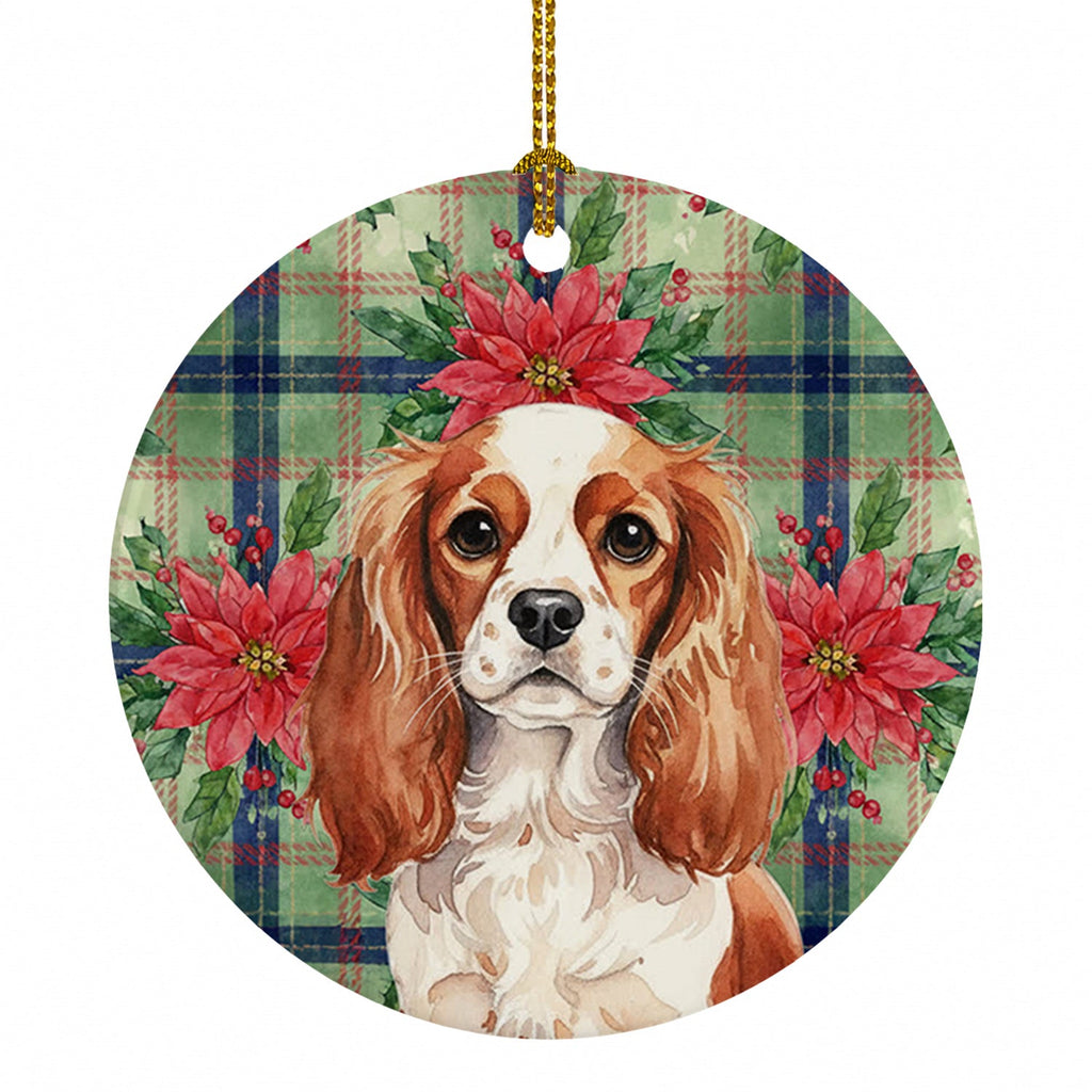 Blenheim English Toy Spaniel Christmas PoinsettIas Ceramic Ornament Christmas Tree Hanging Decorations for Home Christmas Holiday, Party, Gift, 3 in, Multicolor