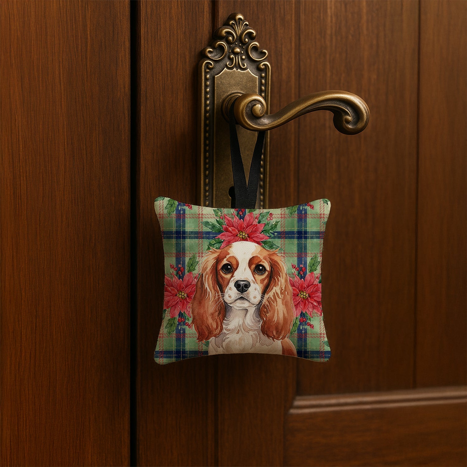 Blenheim English Toy Spaniel Christmas PoinsettIas Hanging Square Fabric Ornament 3.5 � 3.5 Decorative Door-Knob & Tree Hanger, Soft Fabric