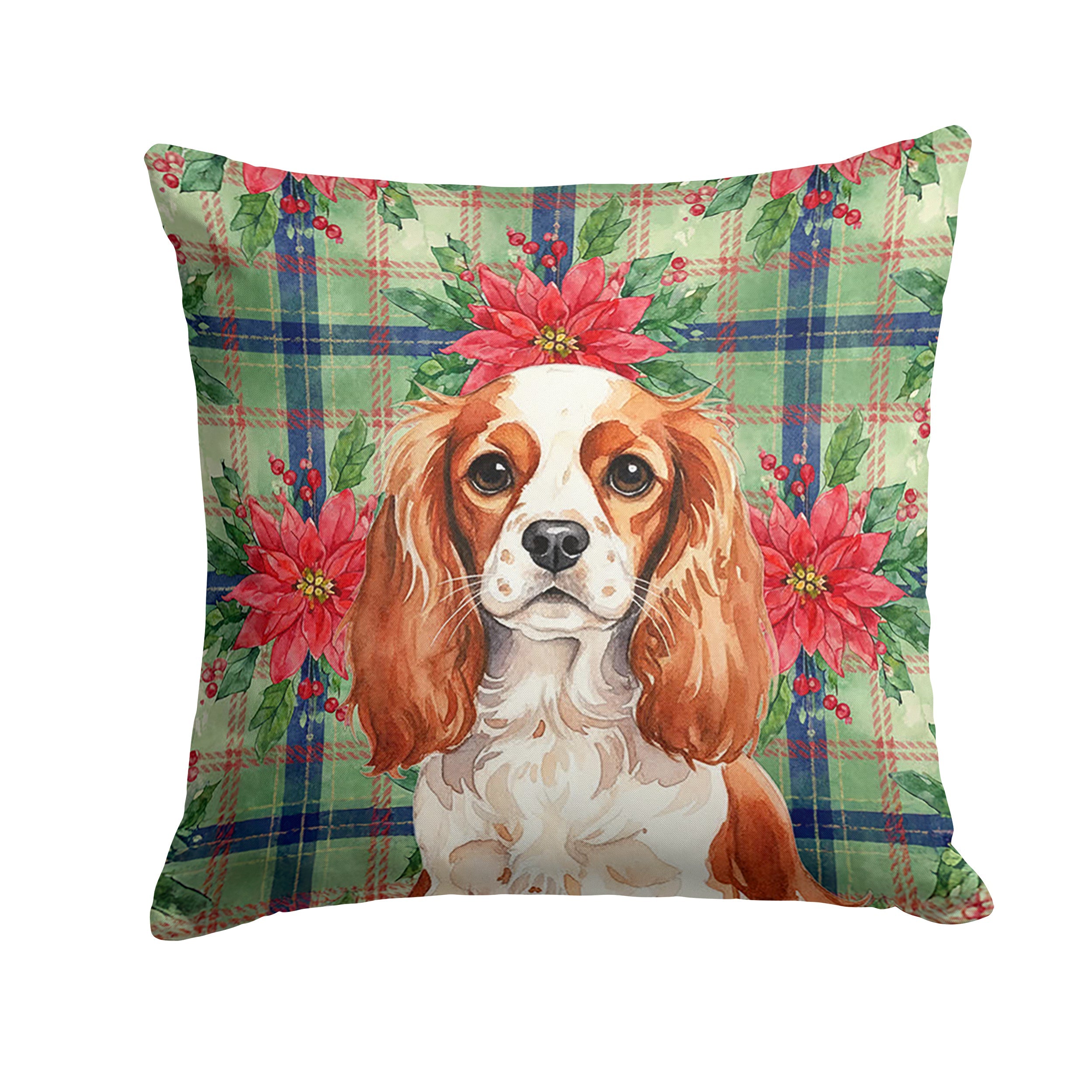 Blenheim English Toy Spaniel Christmas PoinsettIas Decorative Throw Pillow 14x14 Indoor Outdoor Accent Cushion, Fabric Cover with Insert for Sofa, Bed, Porch & Living Room
