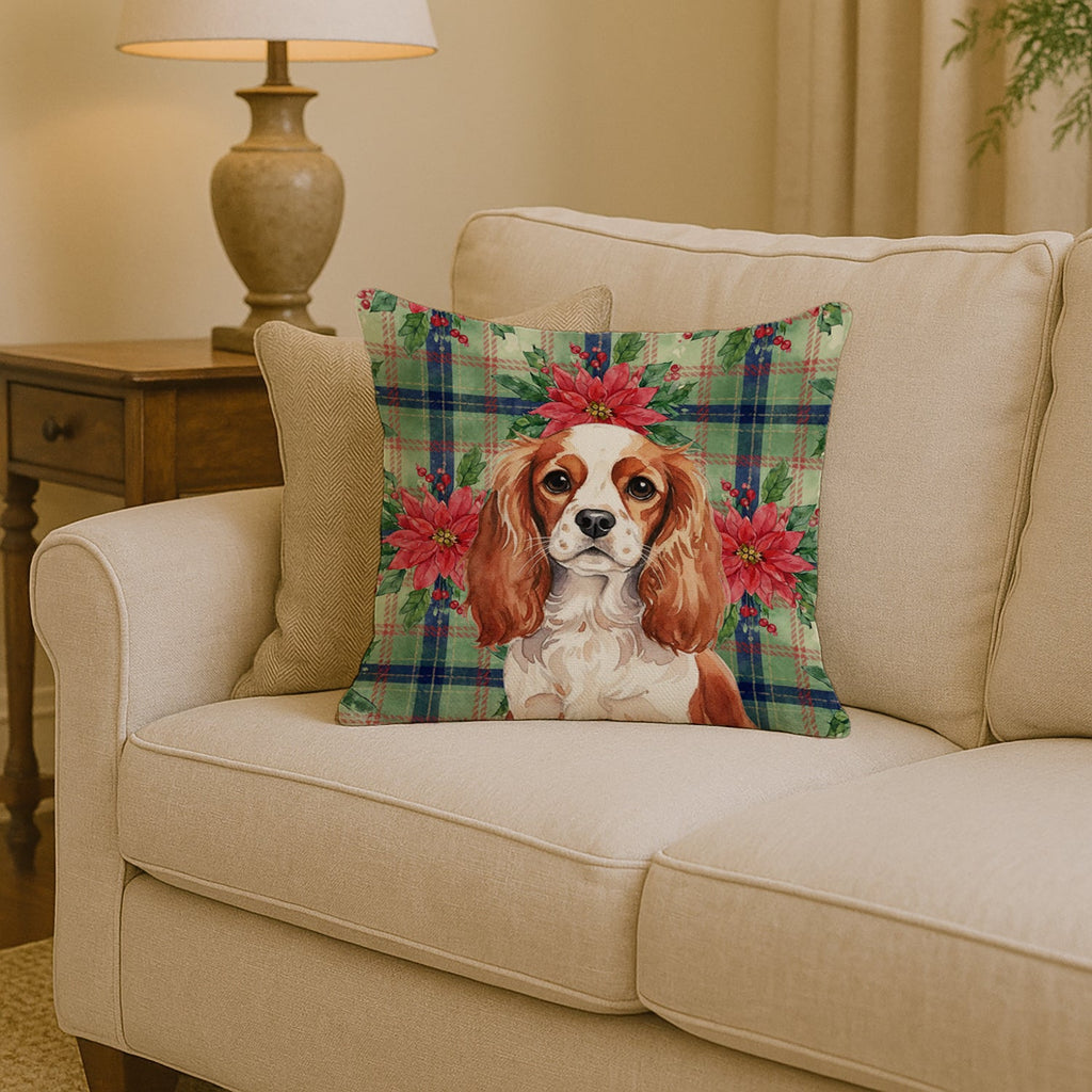 Blenheim English Toy Spaniel Christmas PoinsettIas Decorative Throw Pillow 14x14 Indoor Outdoor Accent Cushion, Fabric Cover with Insert for Sofa, Bed, Porch & Living Room