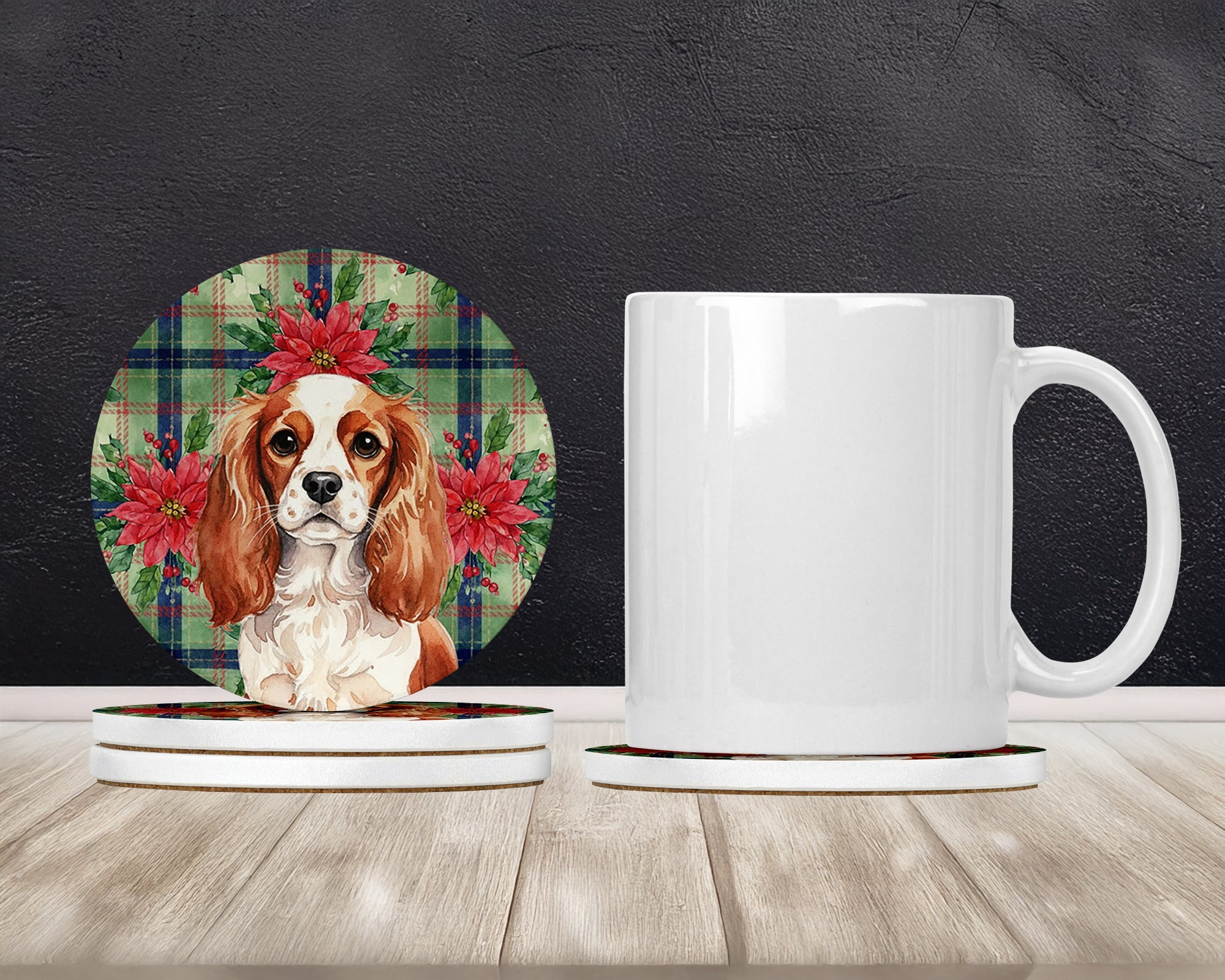 Blenheim English Toy Spaniel Christmas PoinsettIas Large Sandstone Coasters Pack of 4 Absorbent Round Coasters Decor Gifts for Men or Women, 4 in, Multicolor
