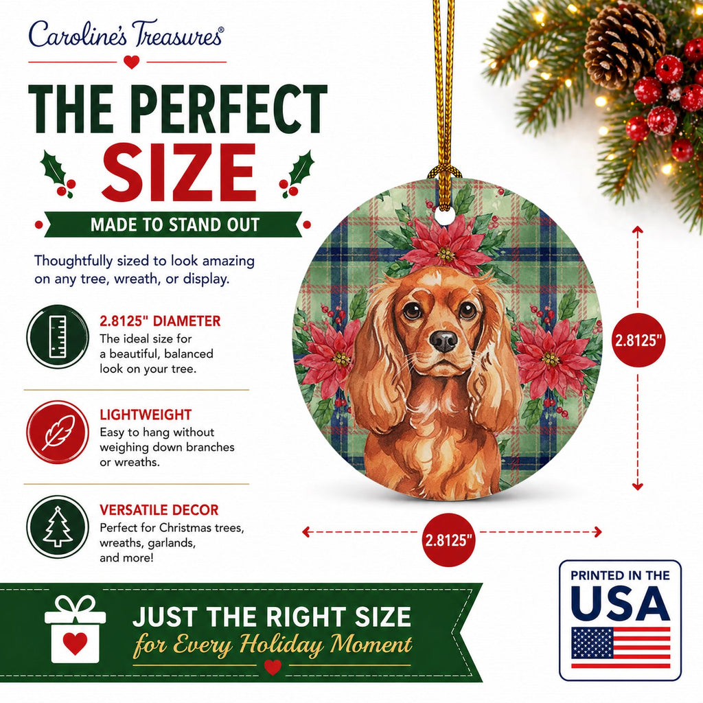 Ruby English Toy Spaniel Christmas PoinsettIas Ceramic Ornament Christmas Tree Hanging Decorations for Home Christmas Holiday, Party, Gift, 3 in, Multicolor