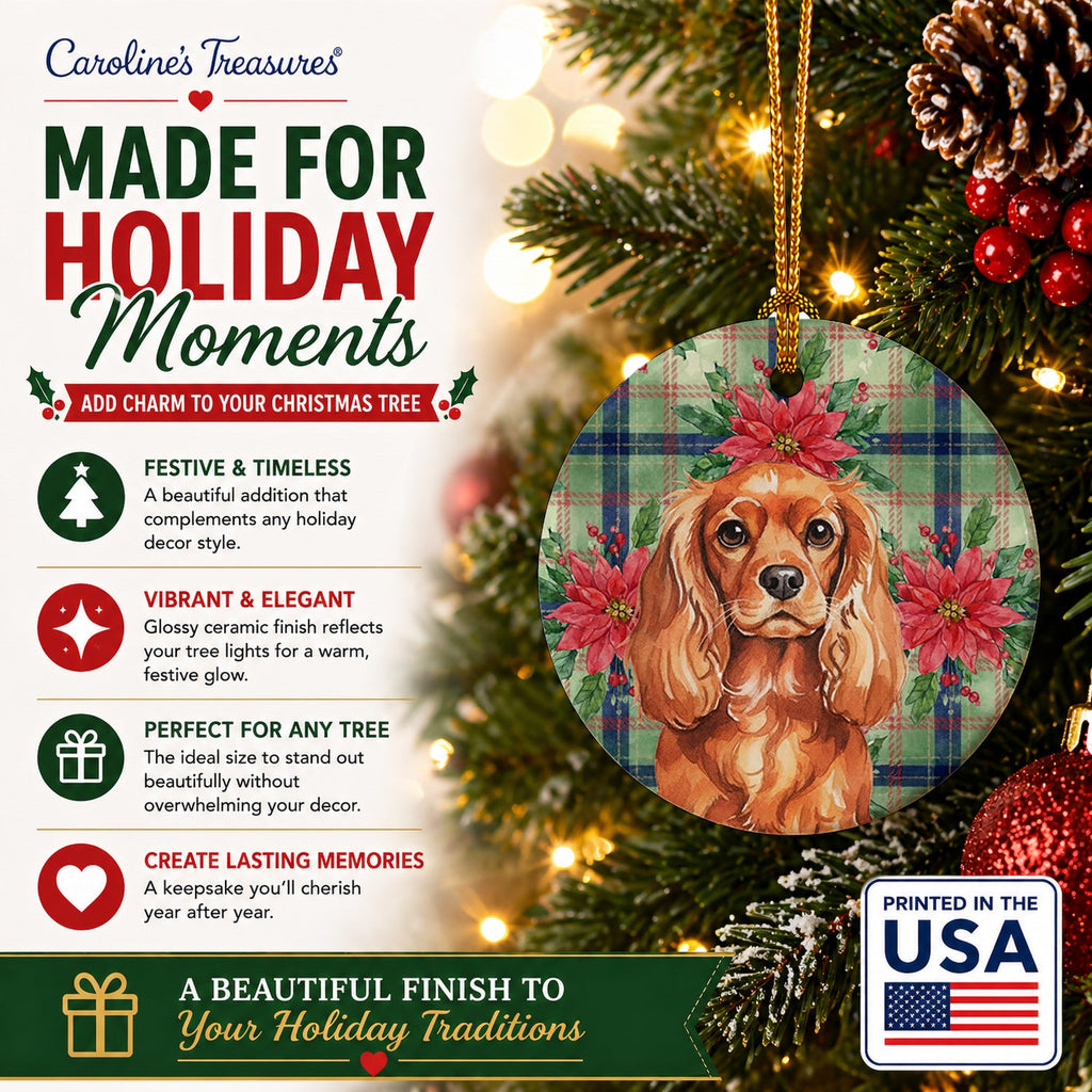 Ruby English Toy Spaniel Christmas PoinsettIas Ceramic Ornament Christmas Tree Hanging Decorations for Home Christmas Holiday, Party, Gift, 3 in, Multicolor
