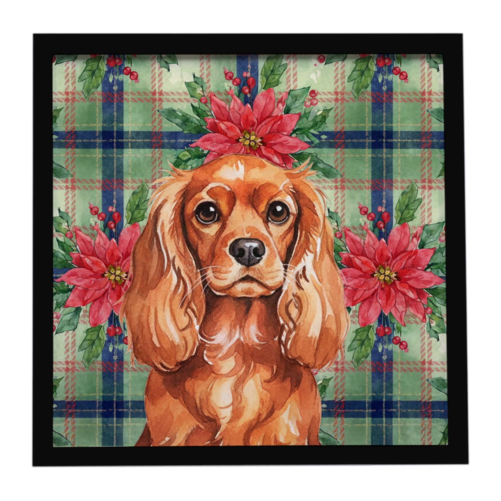Ruby English Toy Spaniel Christmas PoinsettIas Framed Metal Print Bathroom, Kitchen, Office, Home Decor Wall Art Ready to Hang, Square, 8X8